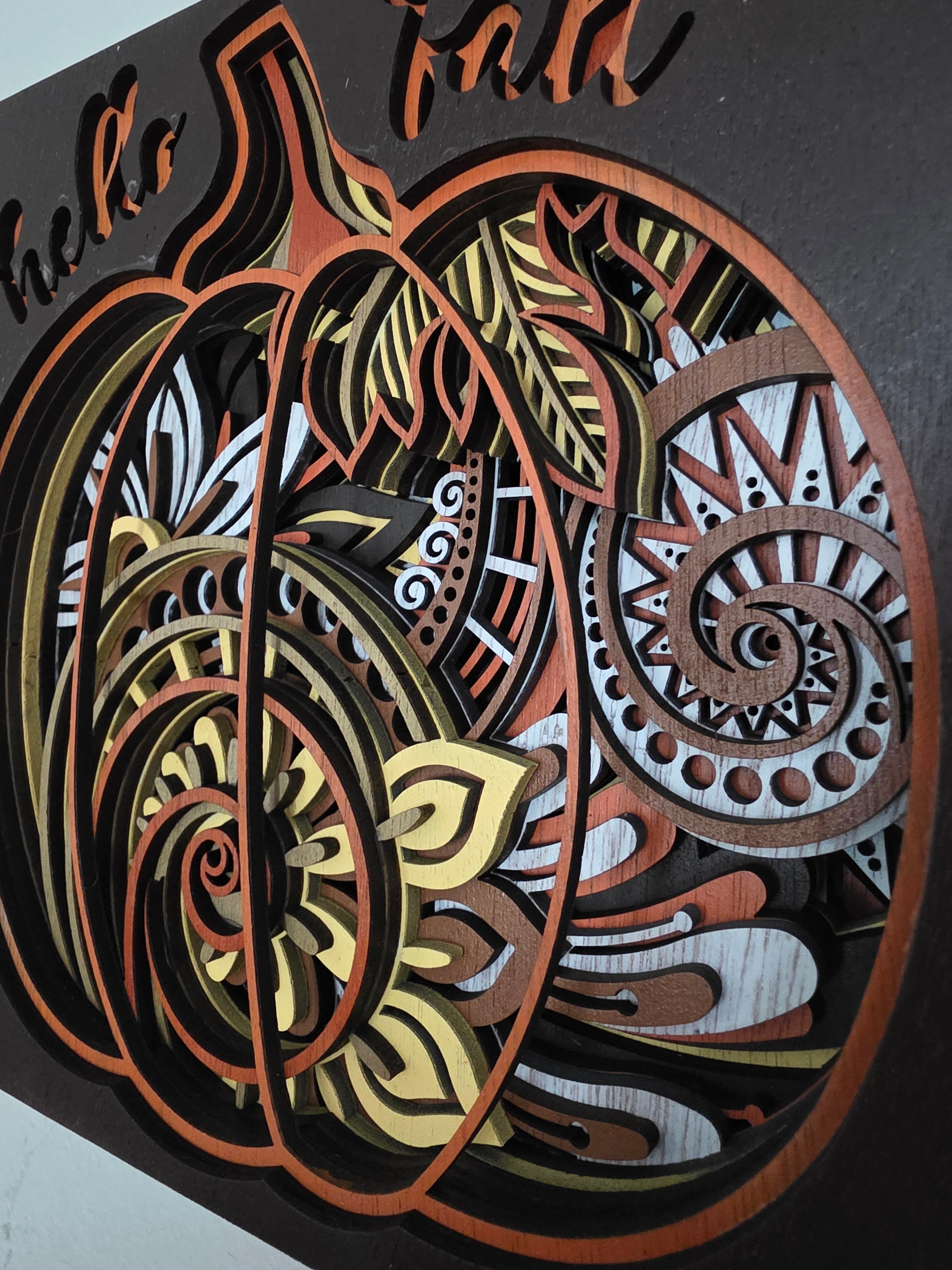 Hello Fall Mandala Pumpkin Wood Wall Art – Layered Autumn Décor