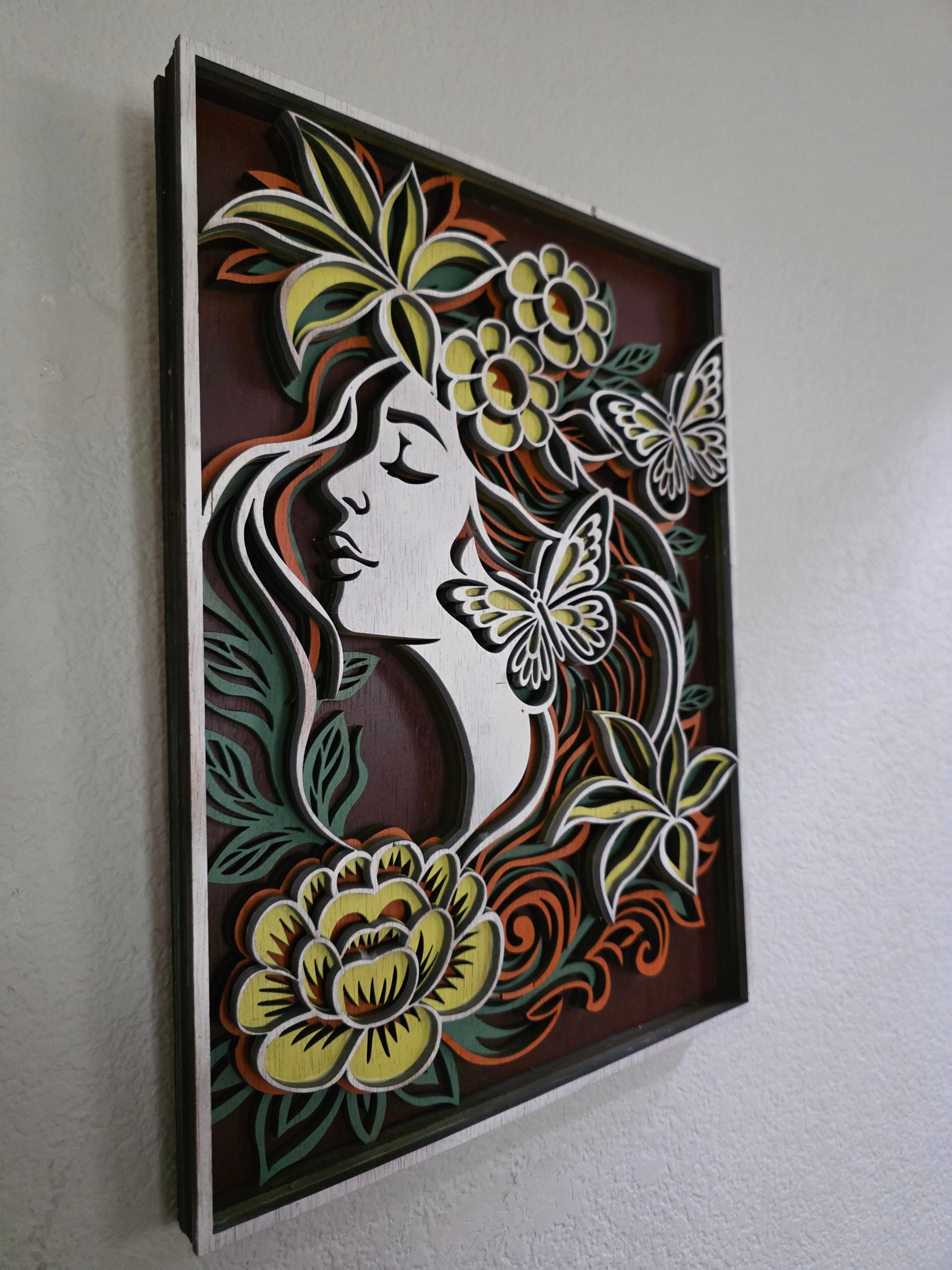 Floral Woman Layered Wood Wall Art – Framed Butterfly Décor