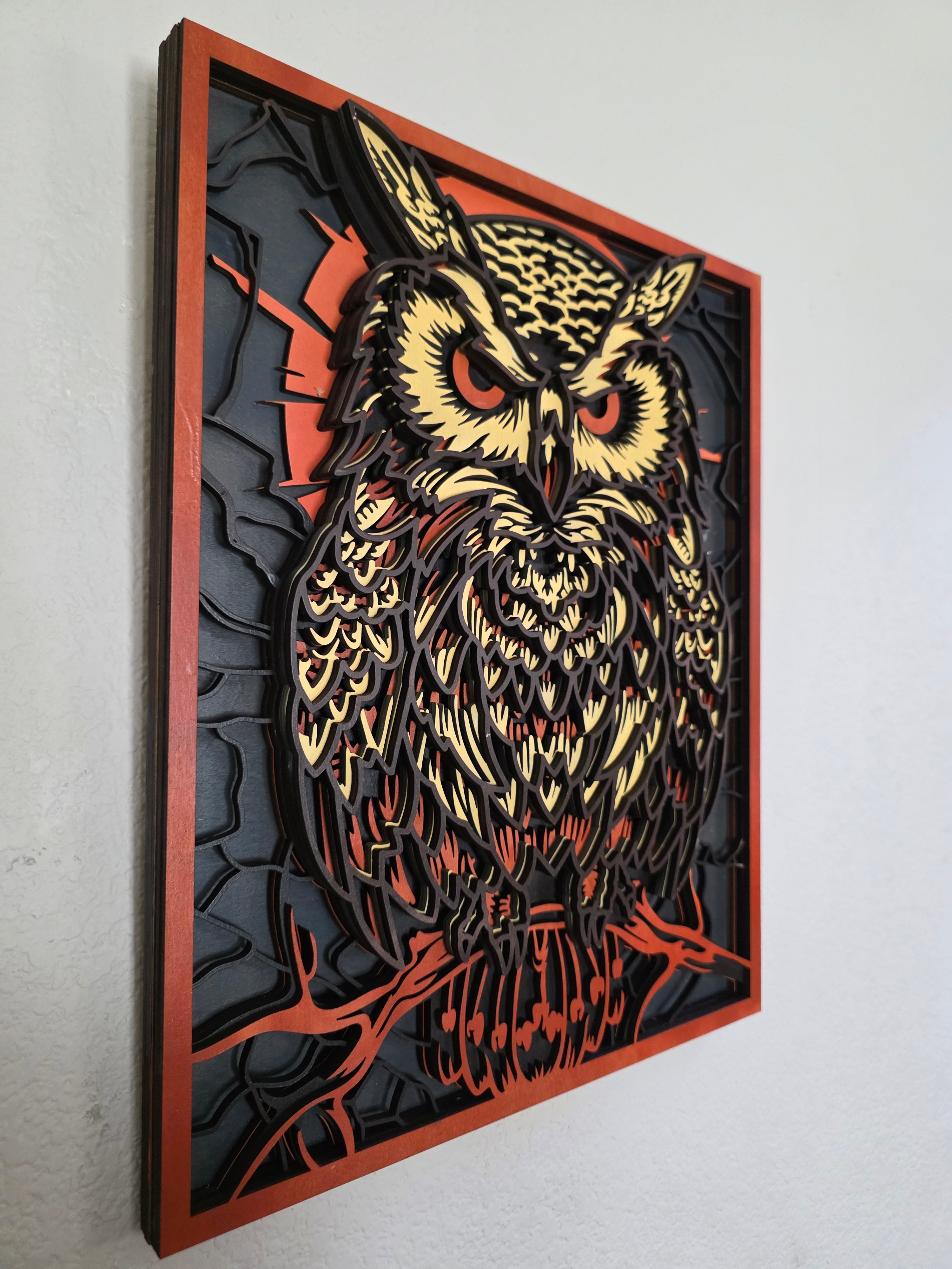 Great Horned Owl Layered Wood Wall Art – Framed Halloween Décor