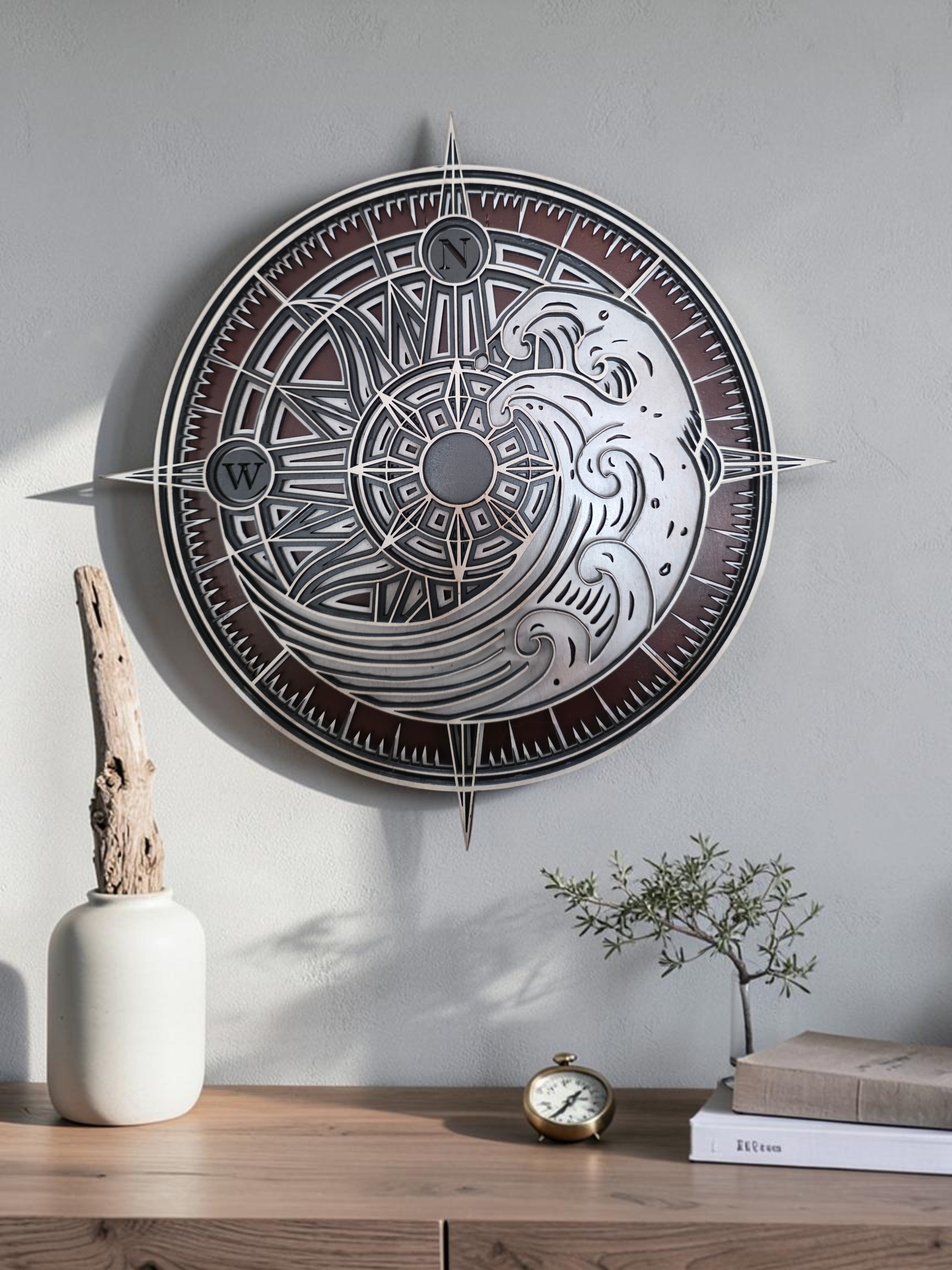 Compass Wave Layered Wood Wall Art – Nautical Décor