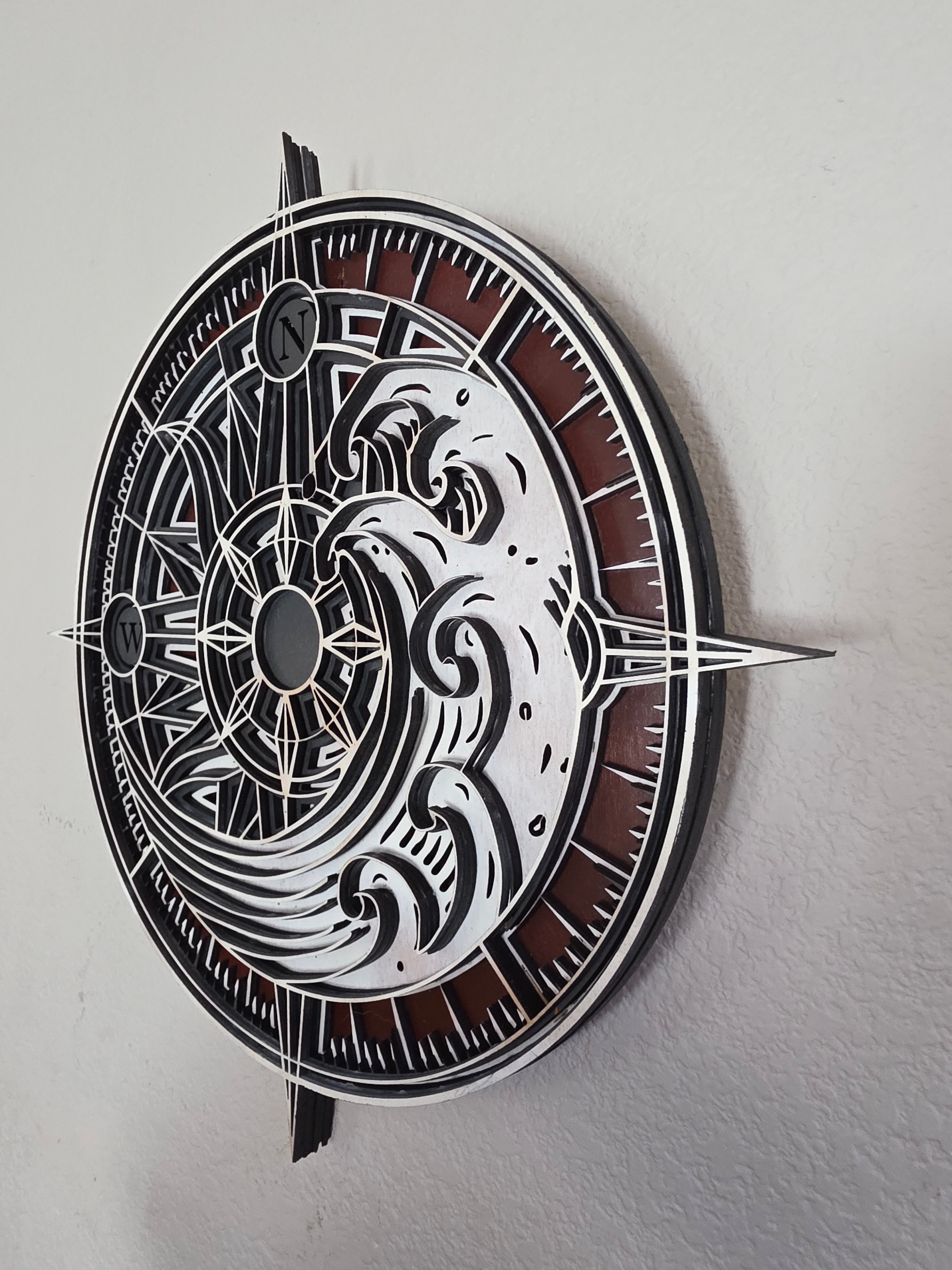 Compass Wave Layered Wood Wall Art – Nautical Décor