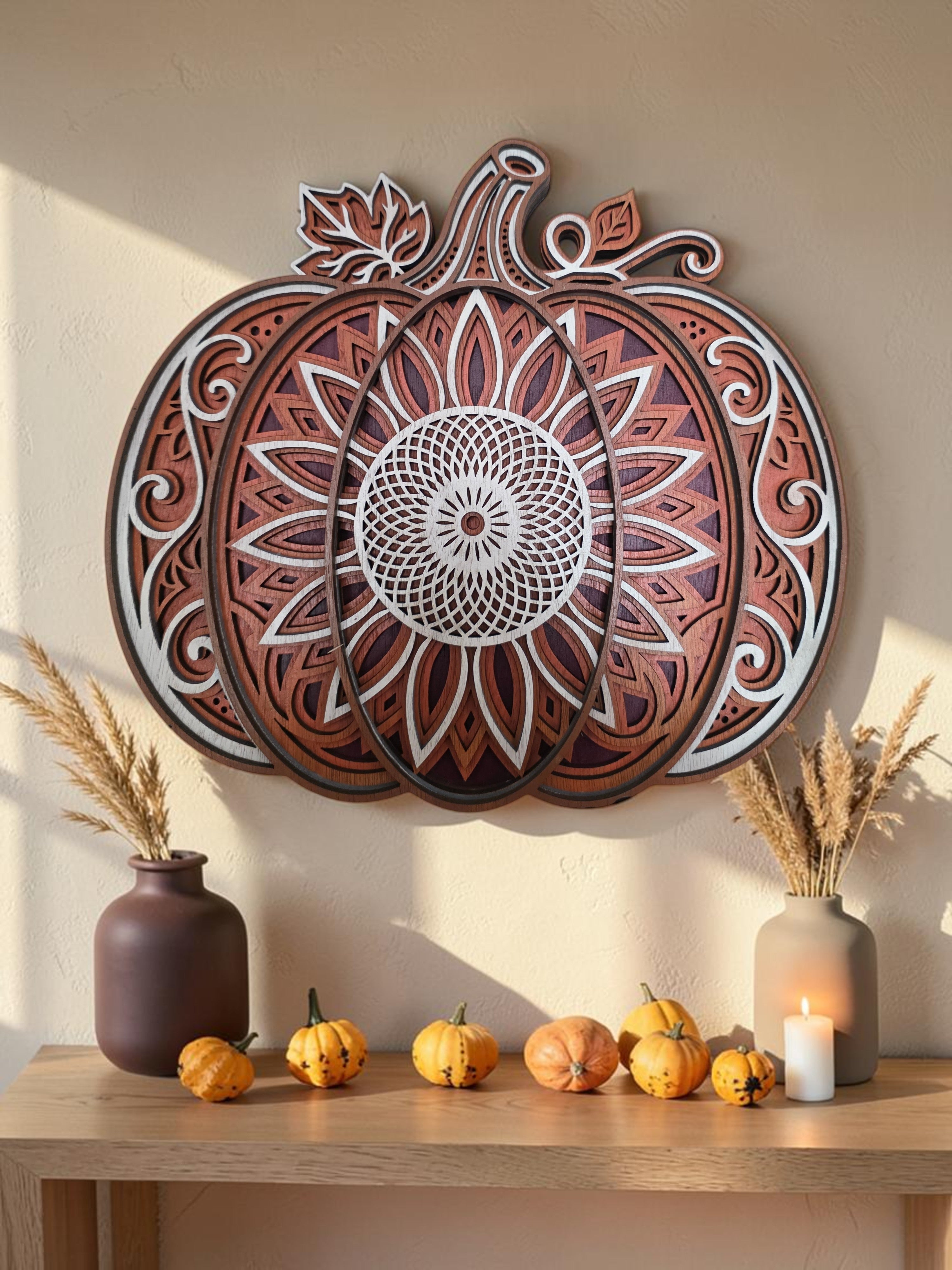 Mandala Pumpkin Layered Wood Wall Art – Fall Décor