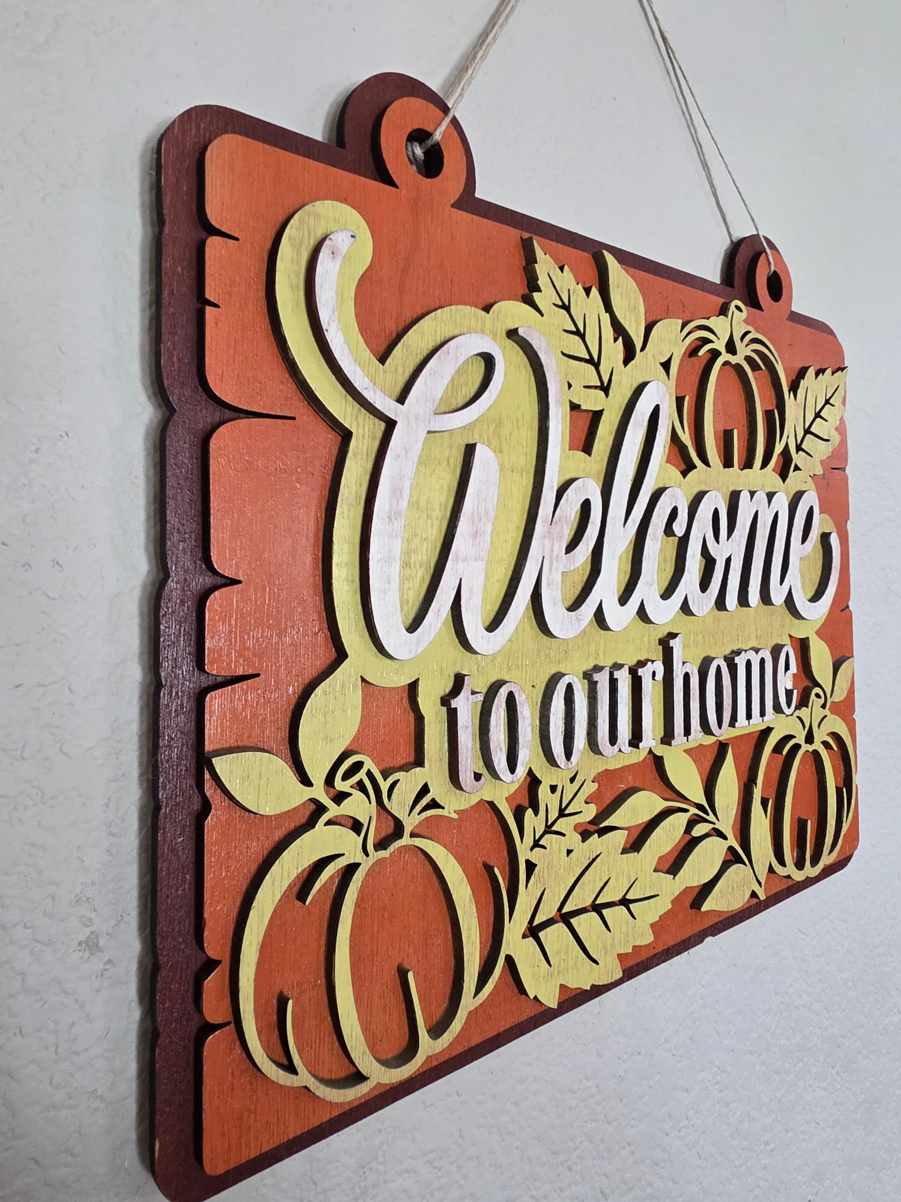Welcome to Our Home Pumpkin Wood Sign – Fall Door Décor