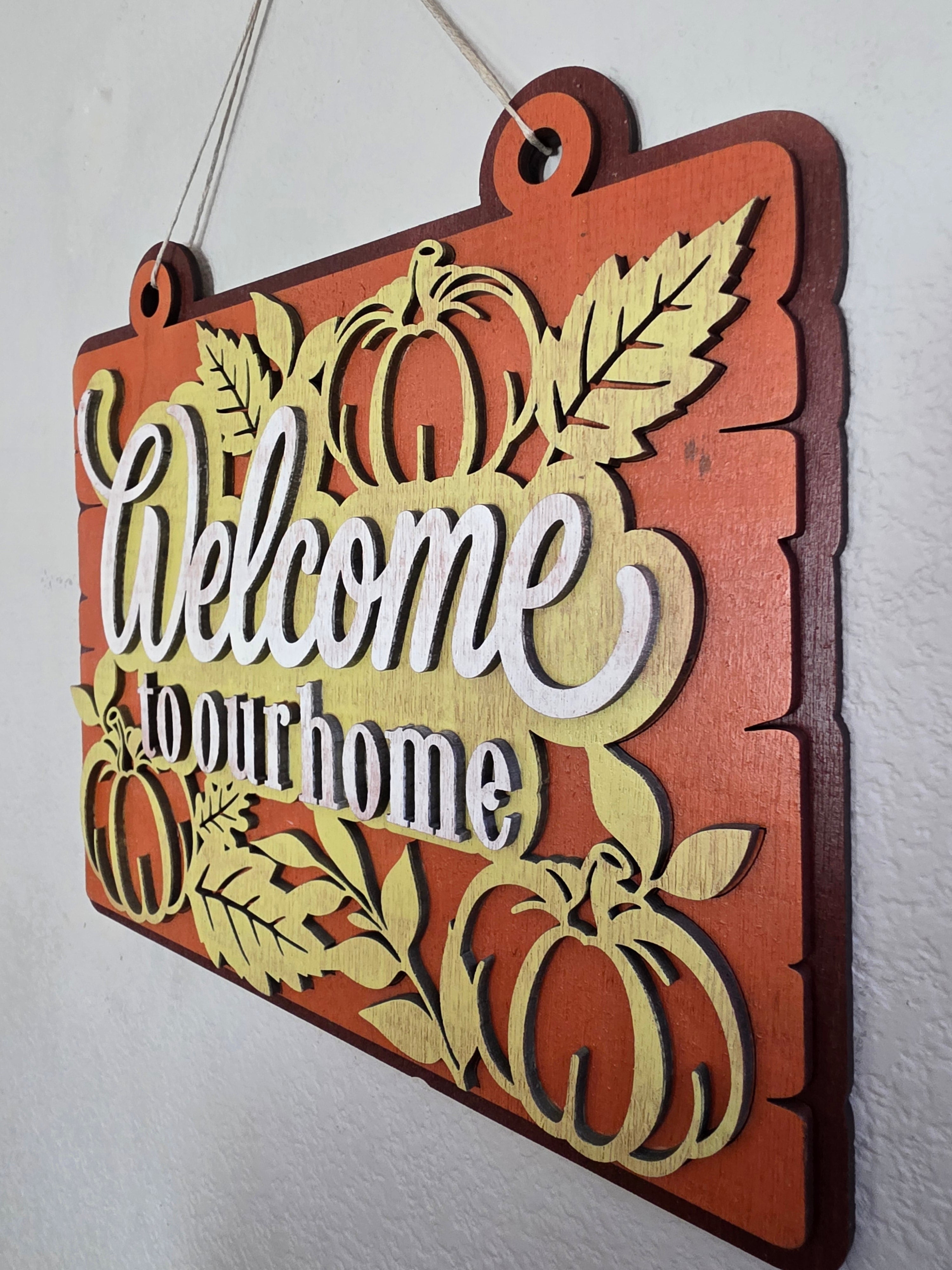 Welcome to Our Home Pumpkin Wood Sign – Fall Door Décor
