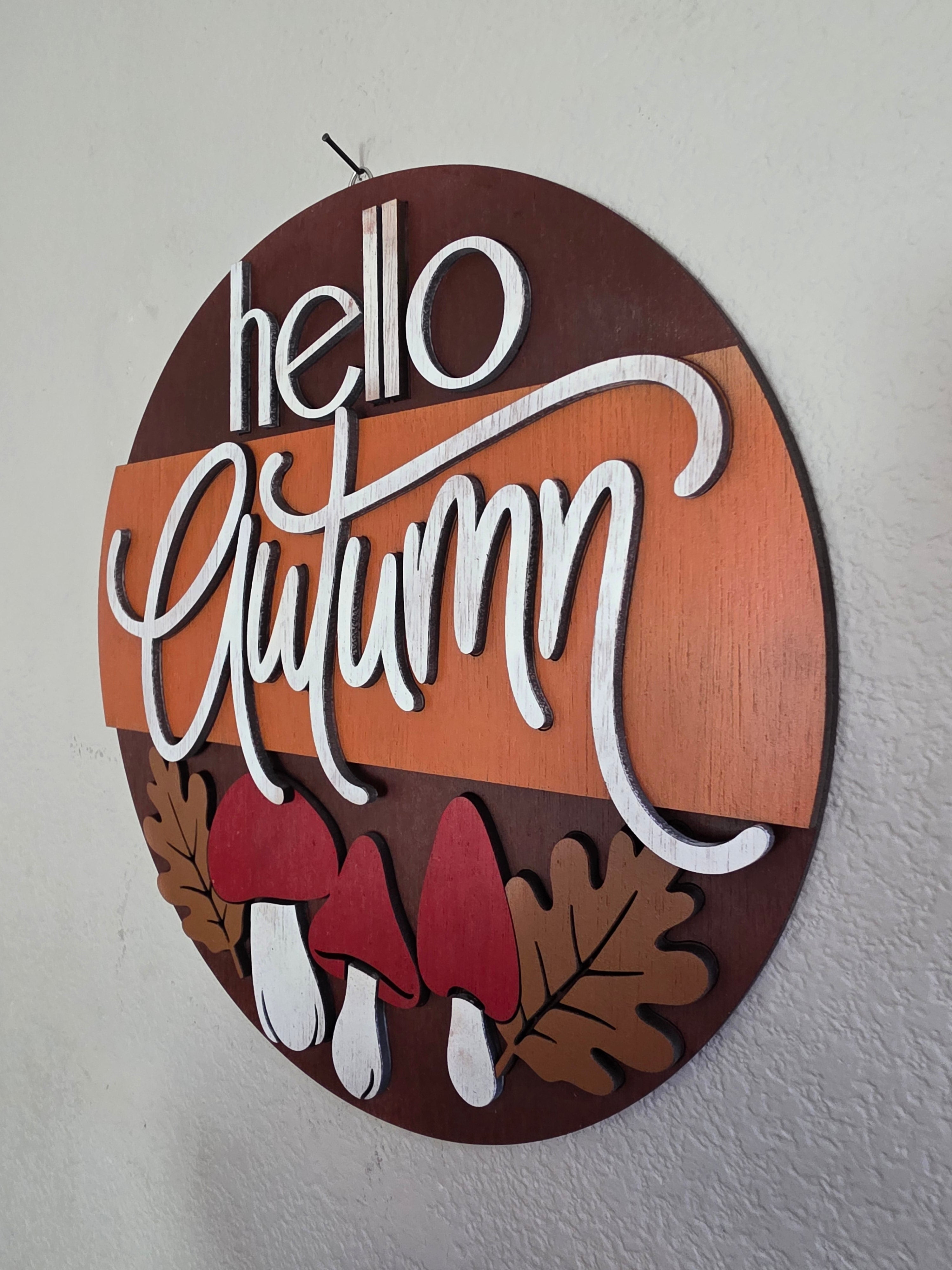 Hello Autumn Mushroom Wood Sign – Round Fall Décor