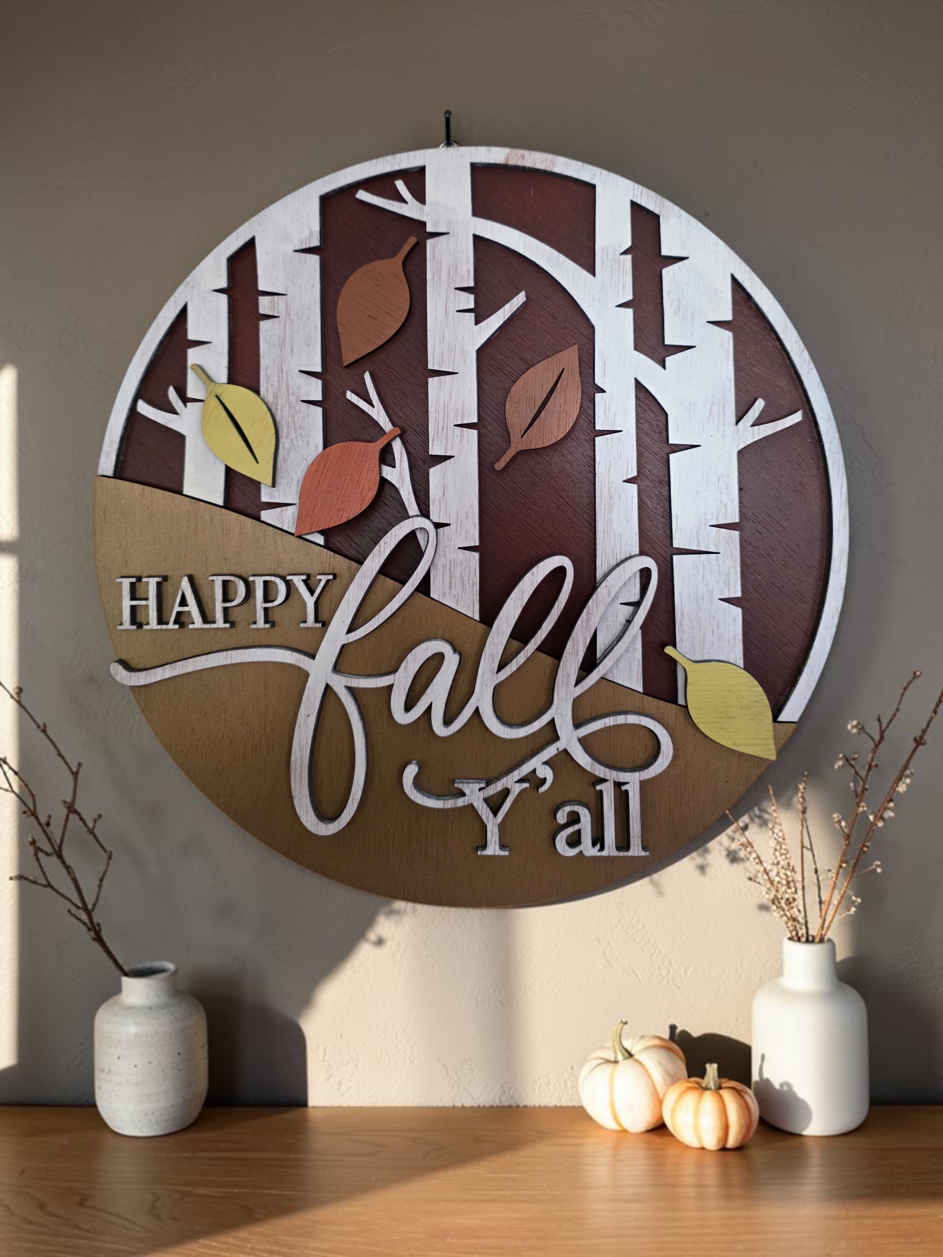 Happy Fall Y'all Birch Tree Wood Sign – Round Fall Décor