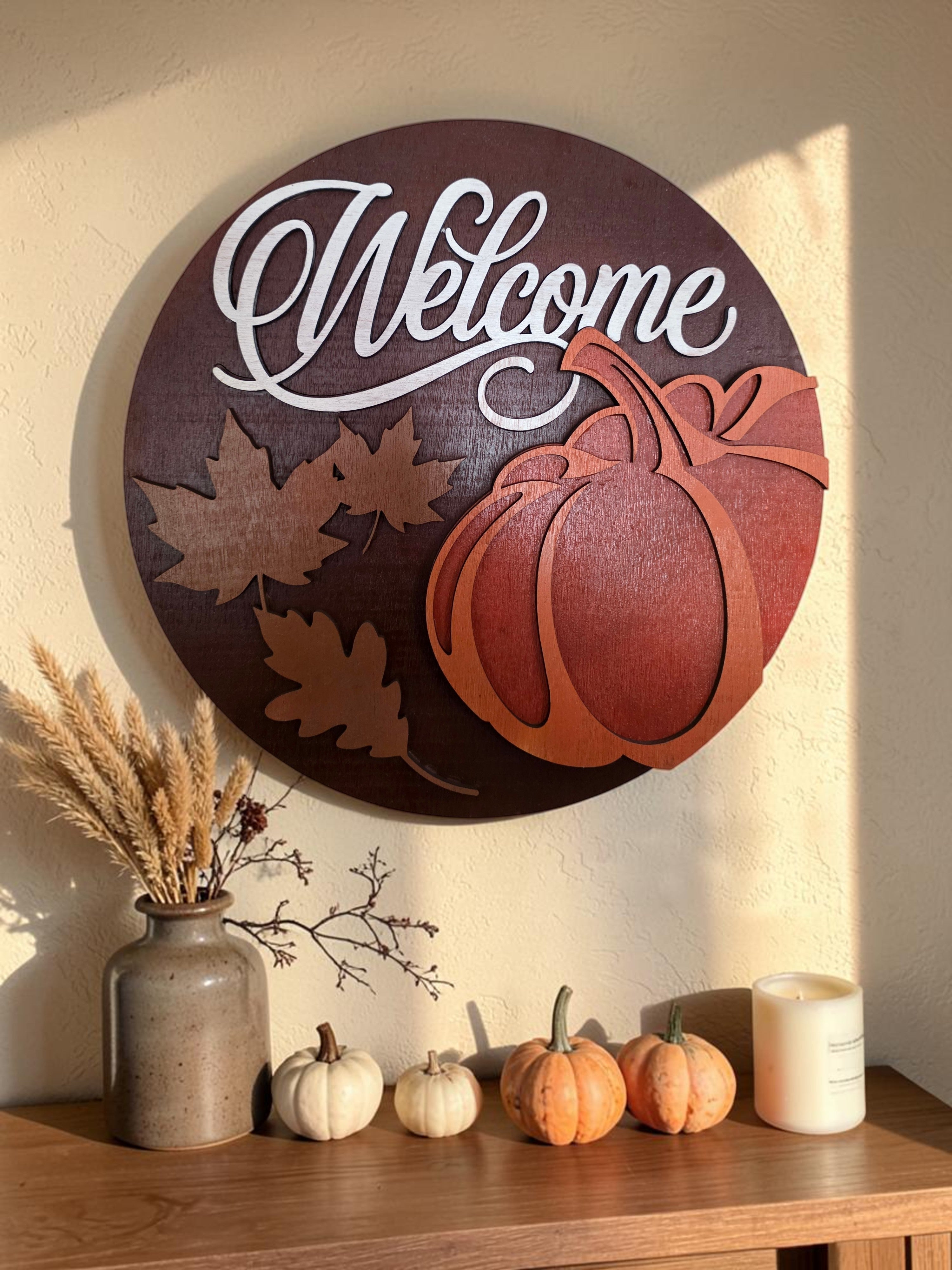 Welcome Pumpkin Round Wood Sign – Fall Door Décor