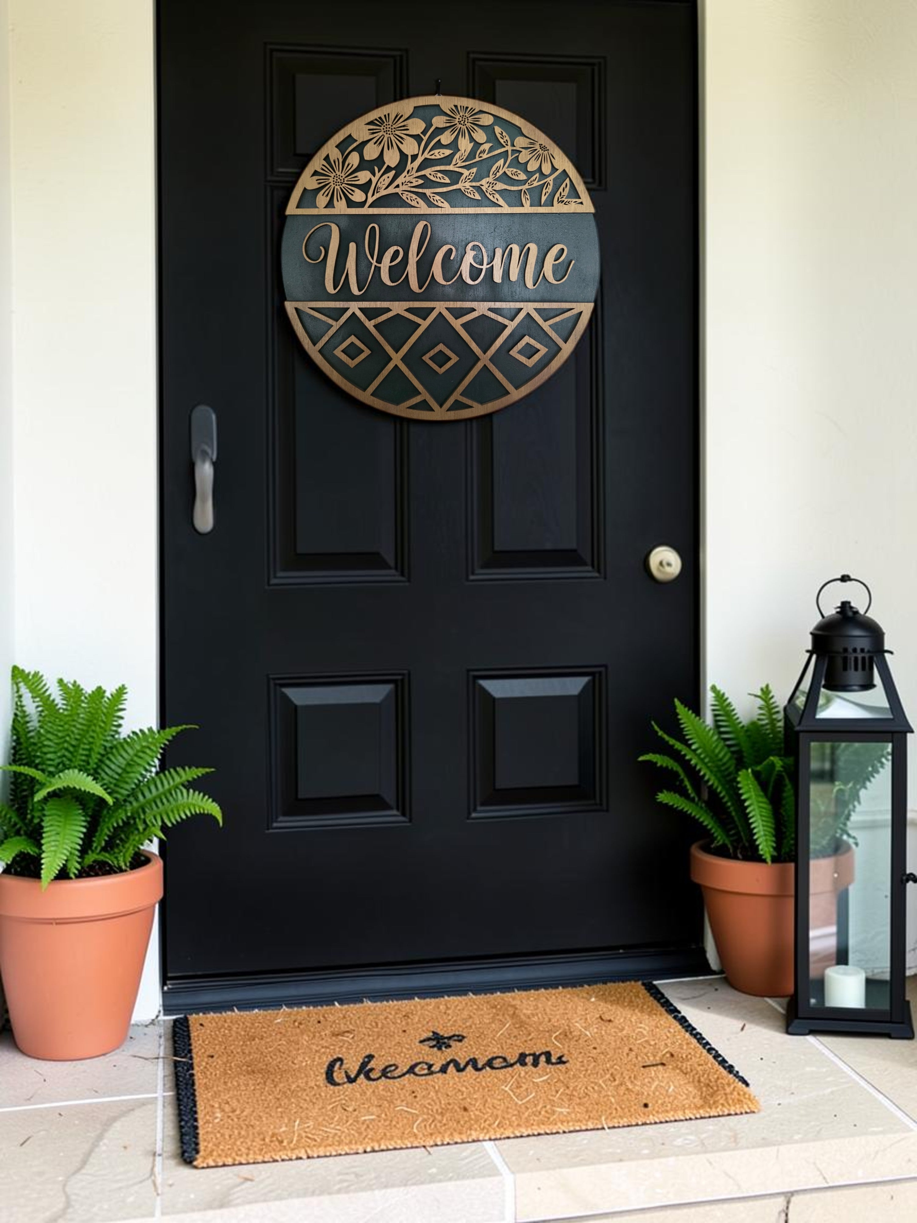 Welcome Floral Geometric Round Wood Sign – Door Décor