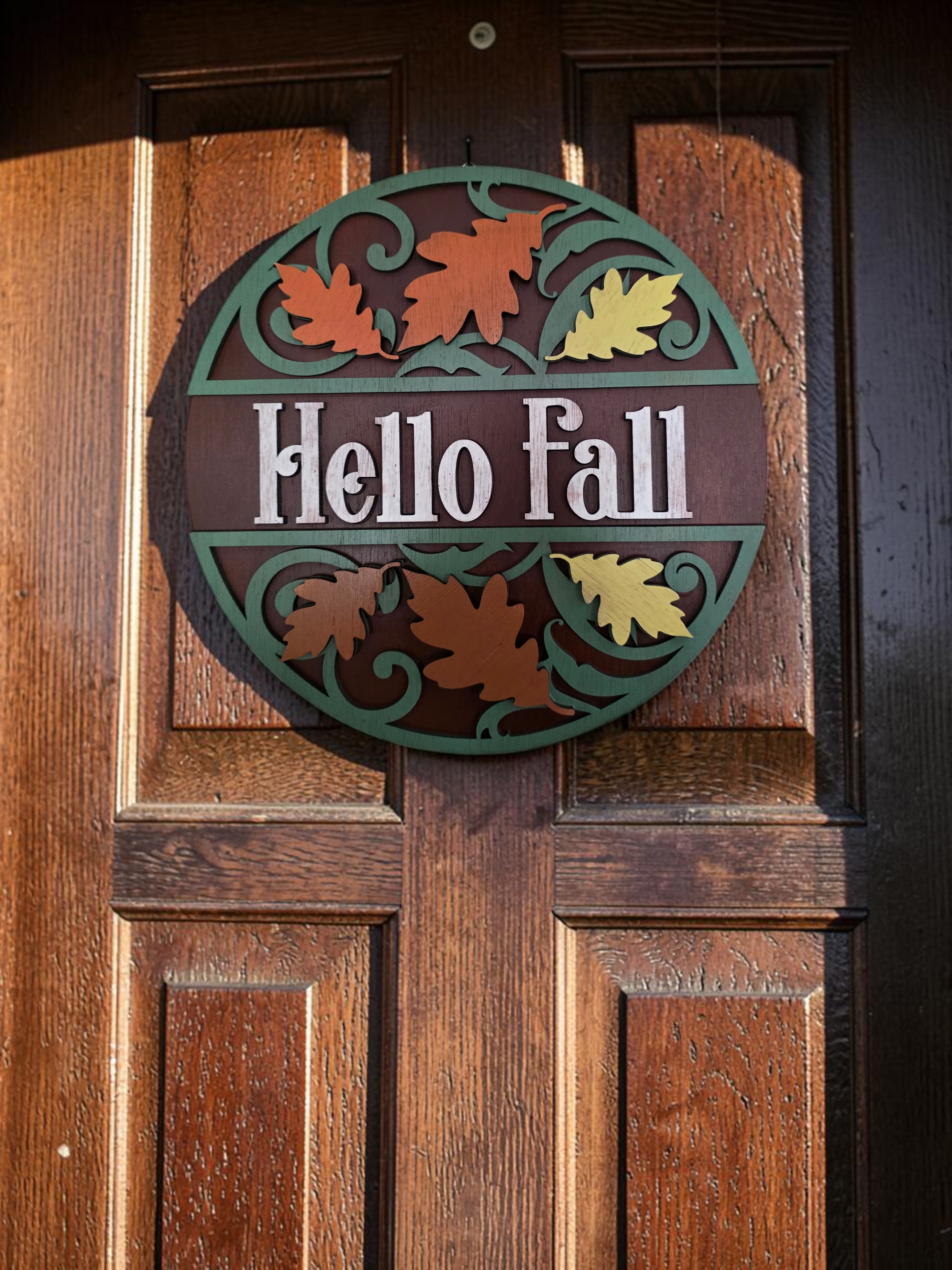 Hello Fall Scrollwork Leaf Round Wood Sign – Autumn Décor