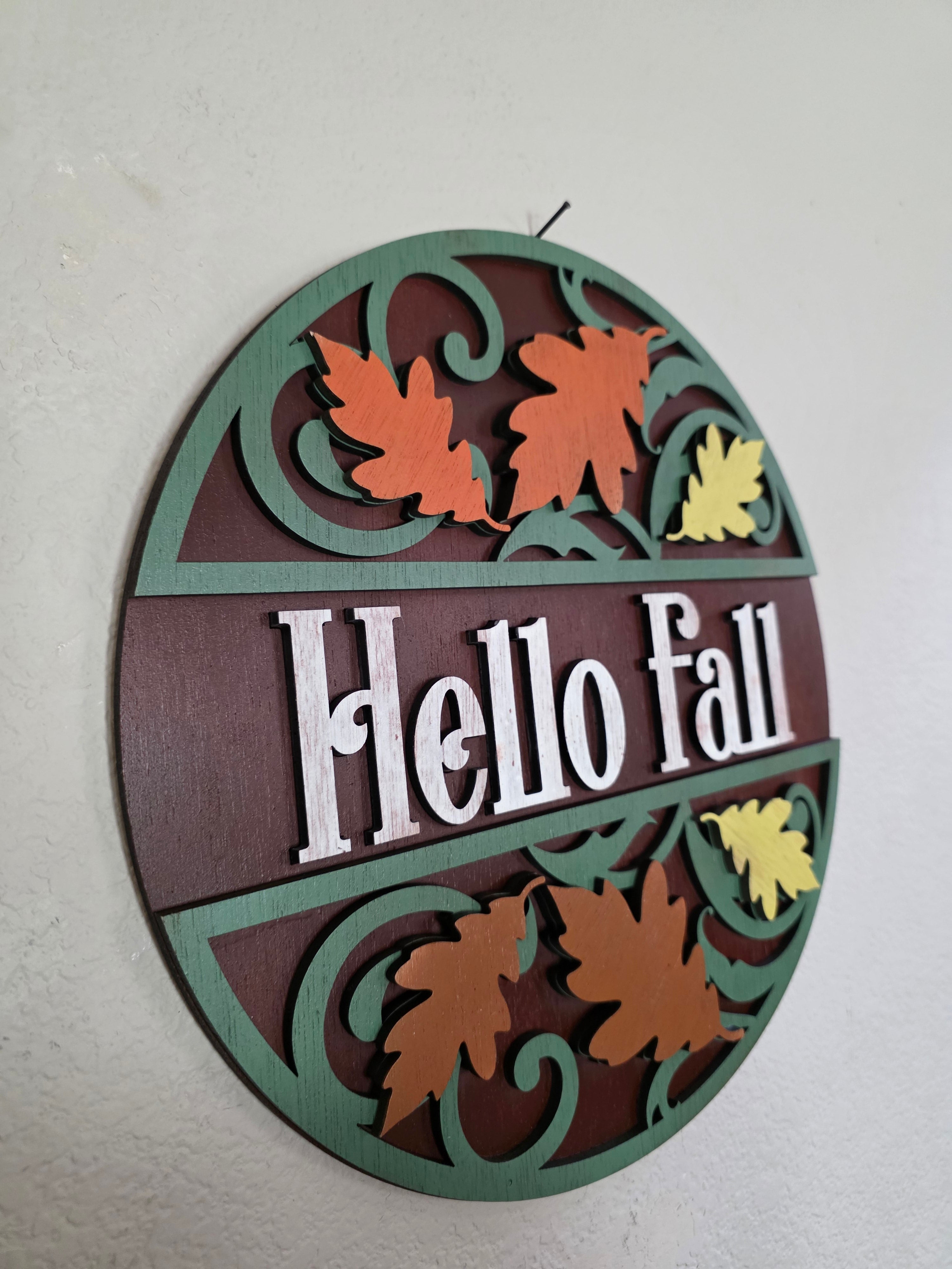 Hello Fall Scrollwork Leaf Round Wood Sign – Autumn Décor