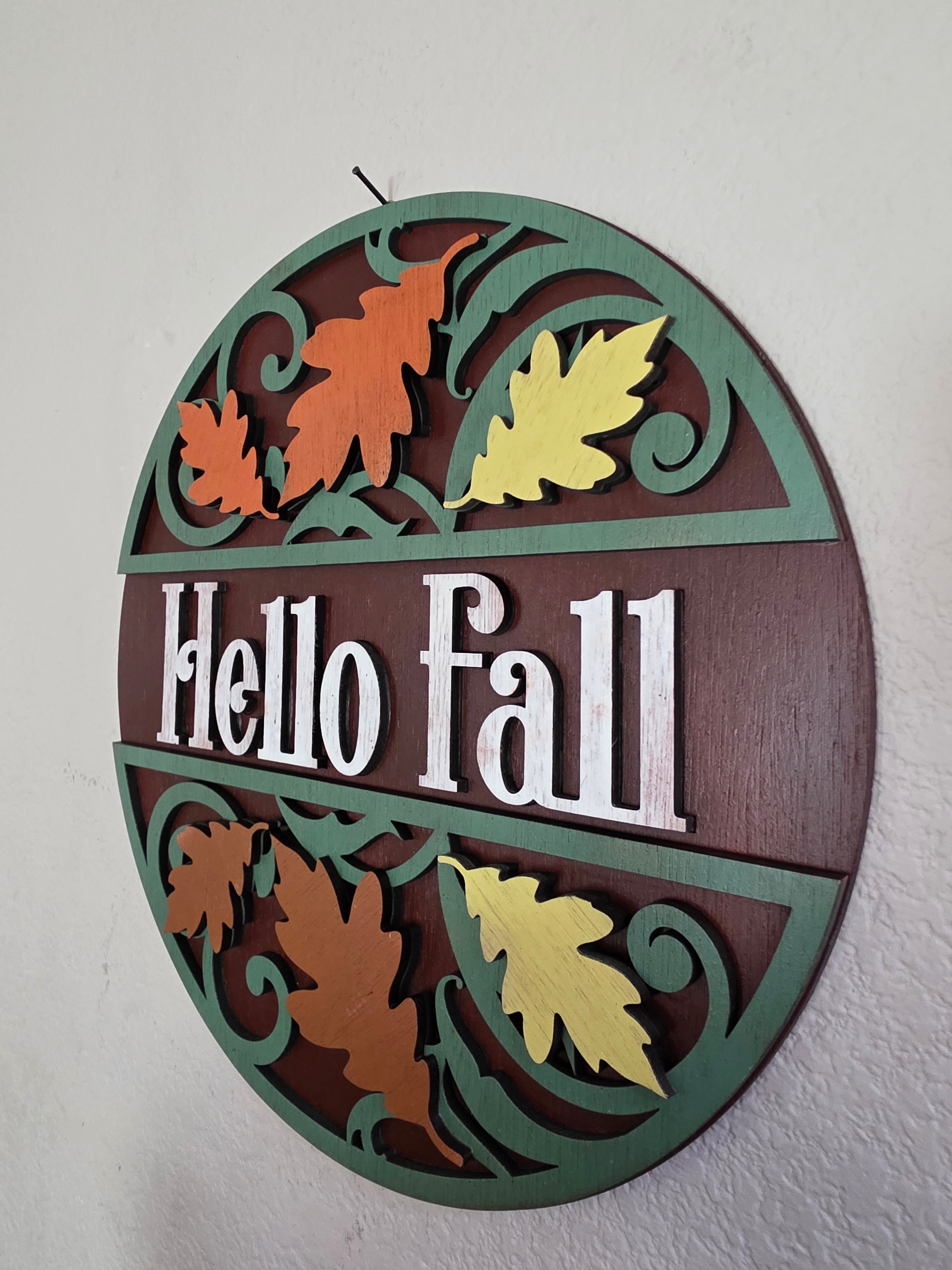 Hello Fall Scrollwork Leaf Round Wood Sign – Autumn Décor