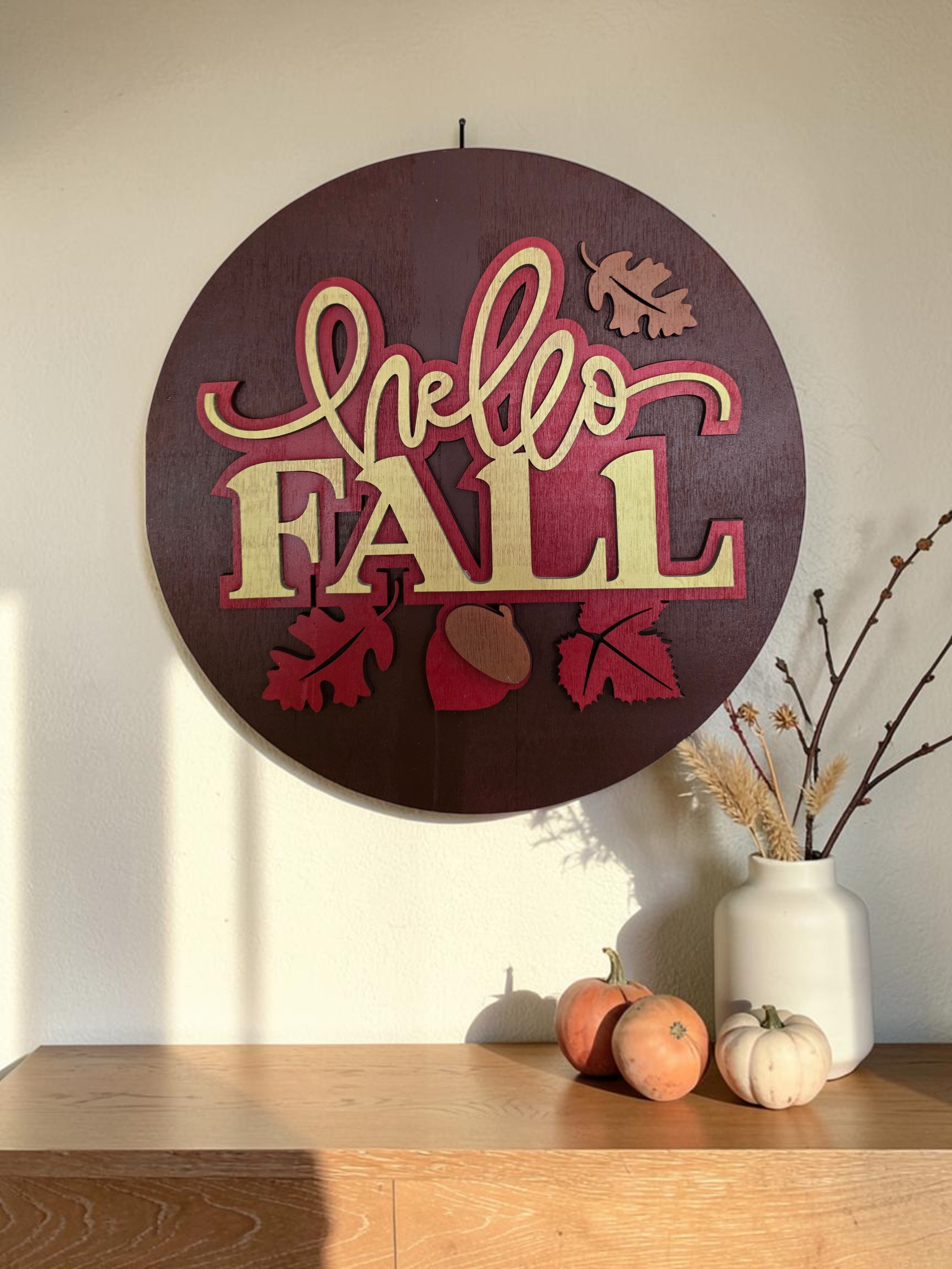 Hello Fall Bold Typography Round Wood Sign – Acorn Décor