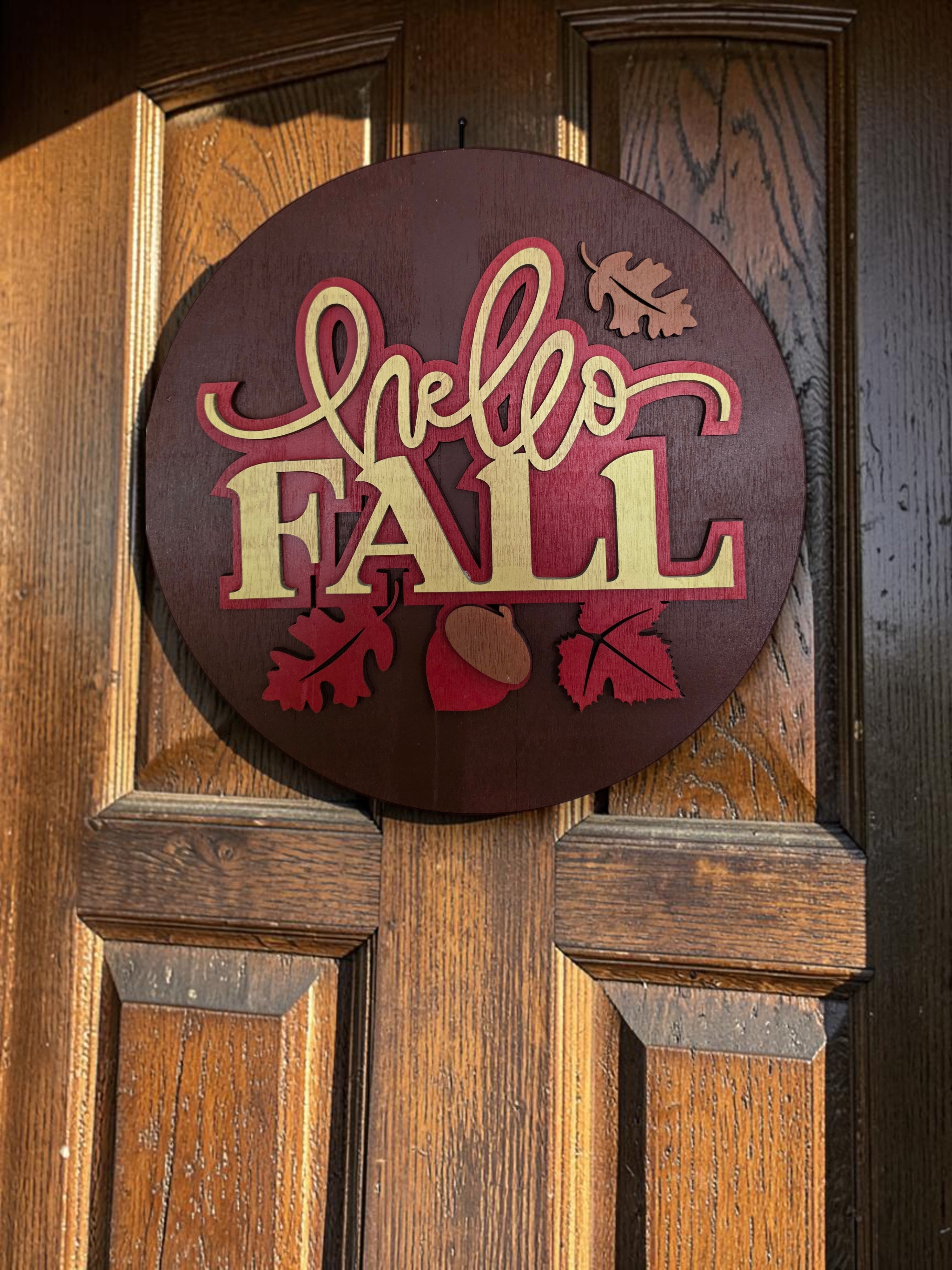 Hello Fall Bold Typography Round Wood Sign – Acorn Décor