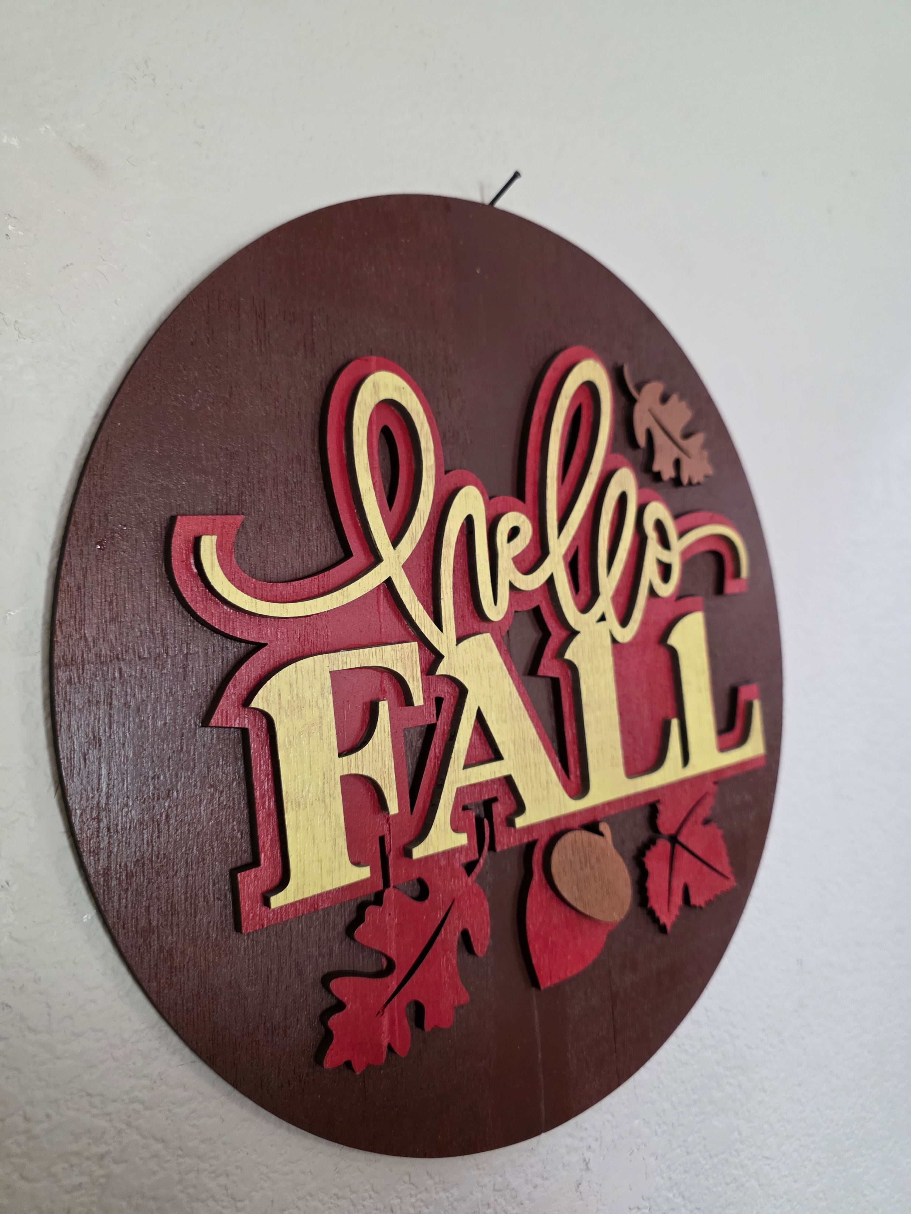 Hello Fall Bold Typography Round Wood Sign – Acorn Décor