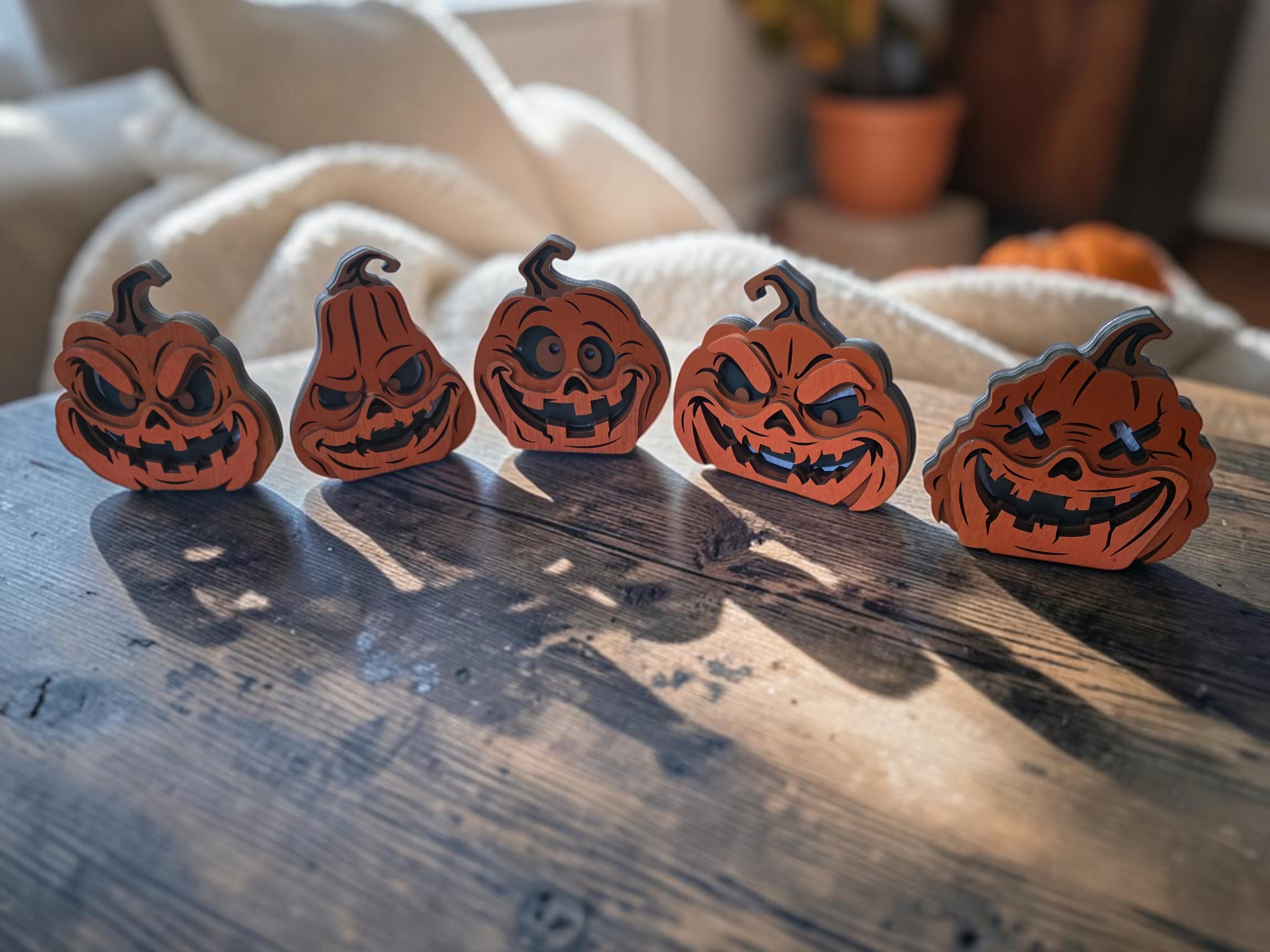 Set of 5 Wooden Jack-O'-Lantern Pumpkins – Hand-Painted & Layered Halloween Decor