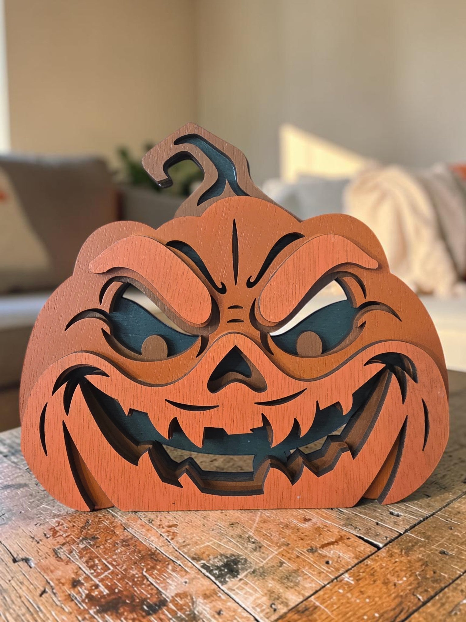 Set of 5 Wooden Jack-O'-Lantern Pumpkins – Hand-Painted & Layered Halloween Decor