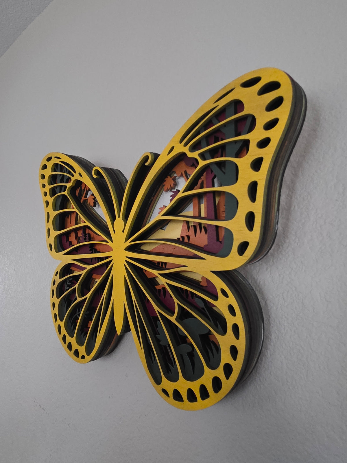 Monarch Butterfly Layered Wood Wall Art – Autumn Forest Scene Décor