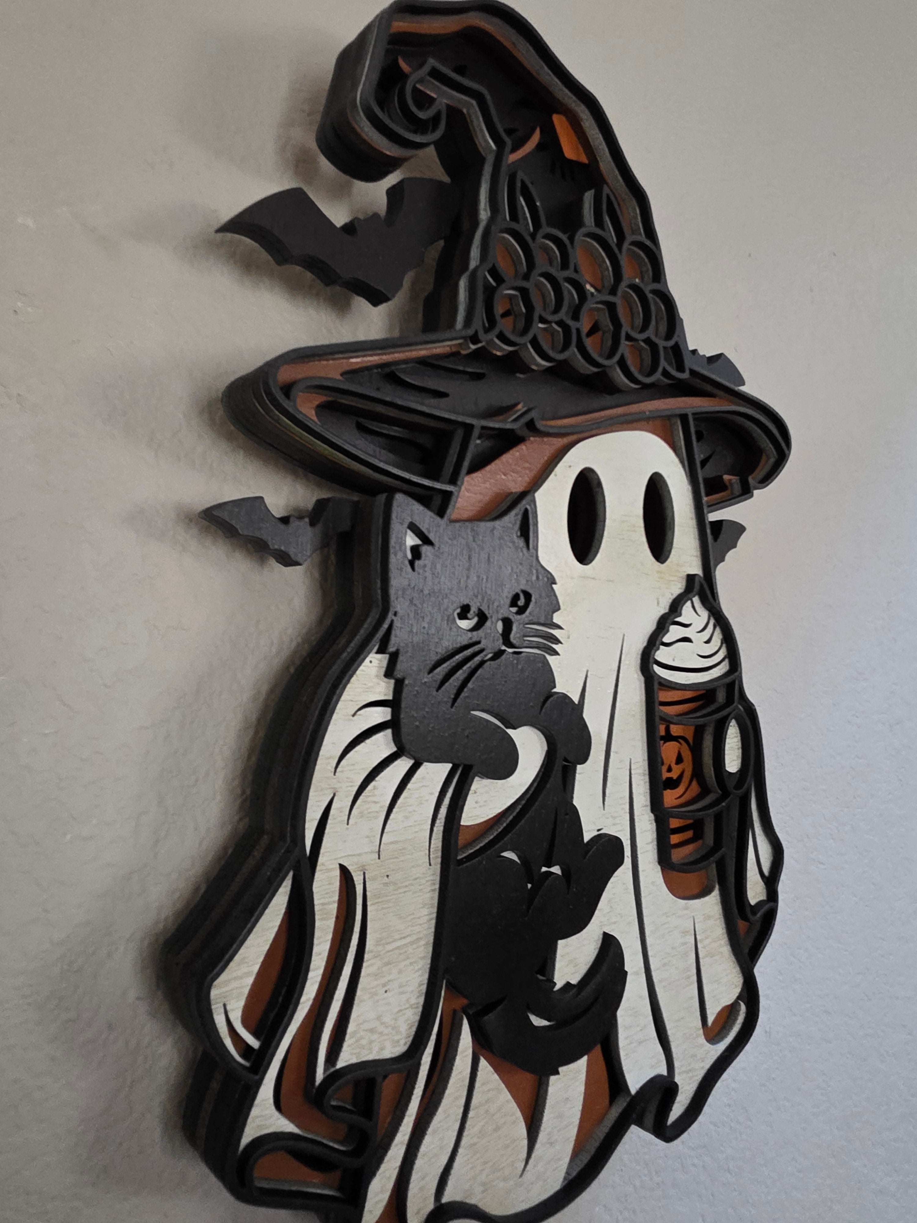 Witchy Ghost with Black Cat & Pumpkin Latte Layered Wood Wall Art – Halloween Décor