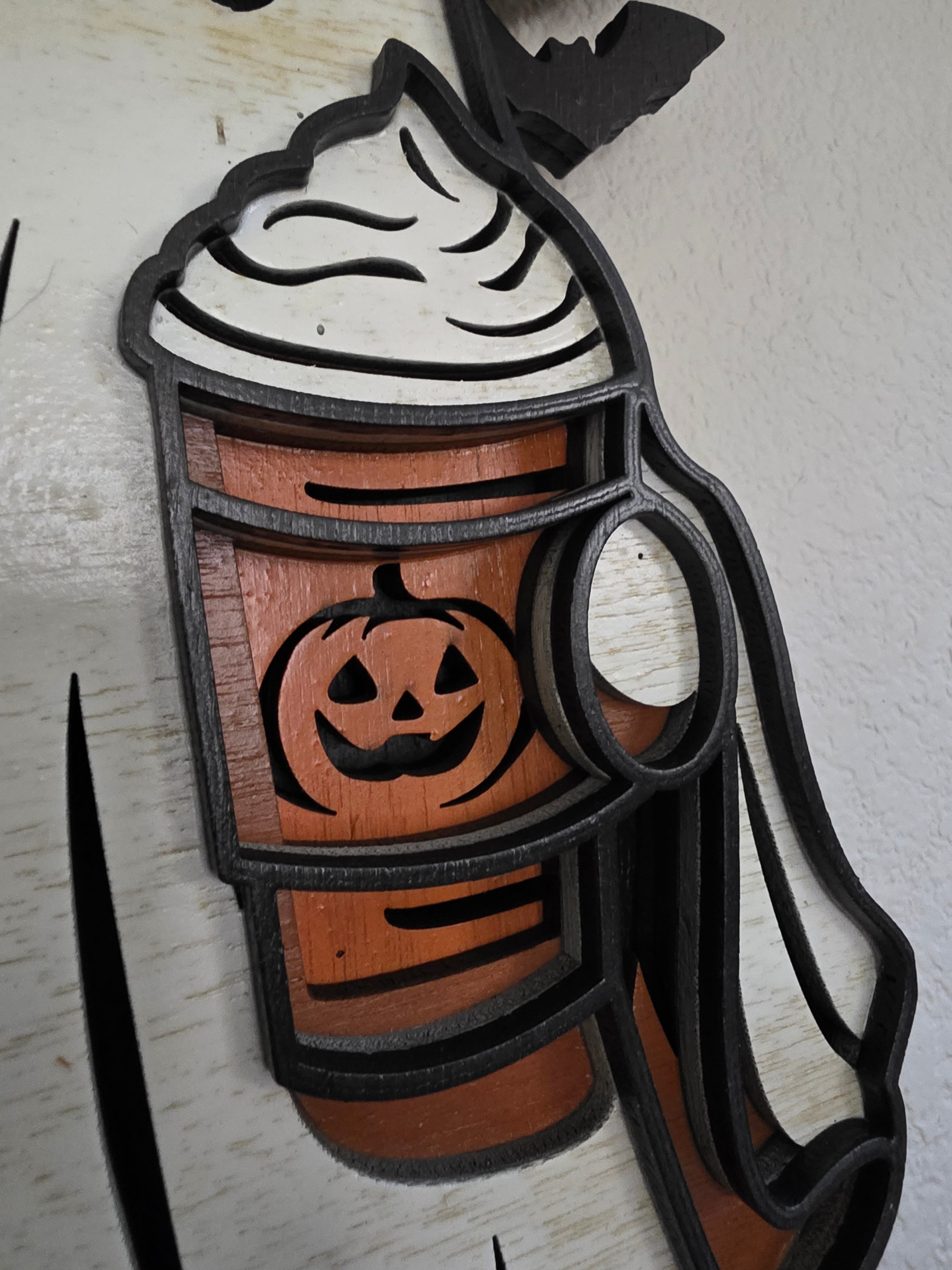 Witchy Ghost with Black Cat & Pumpkin Latte Layered Wood Wall Art – Halloween Décor