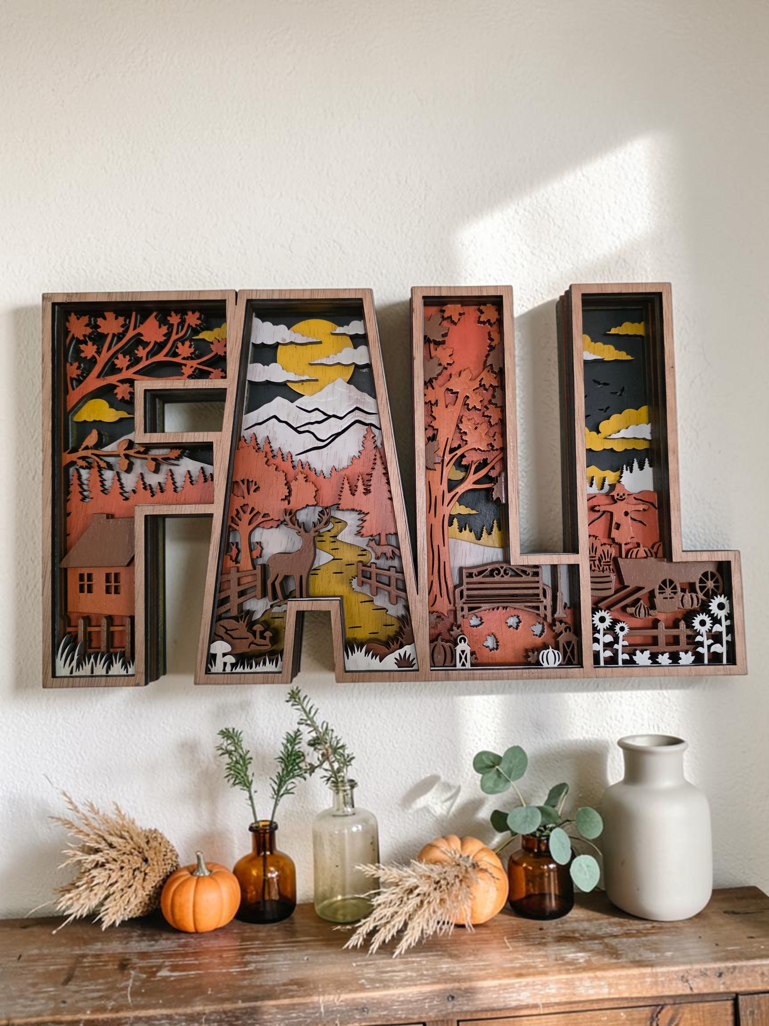 FALL Letters Layered Wood Shadow Box Wall Art – Autumn Scene Décor