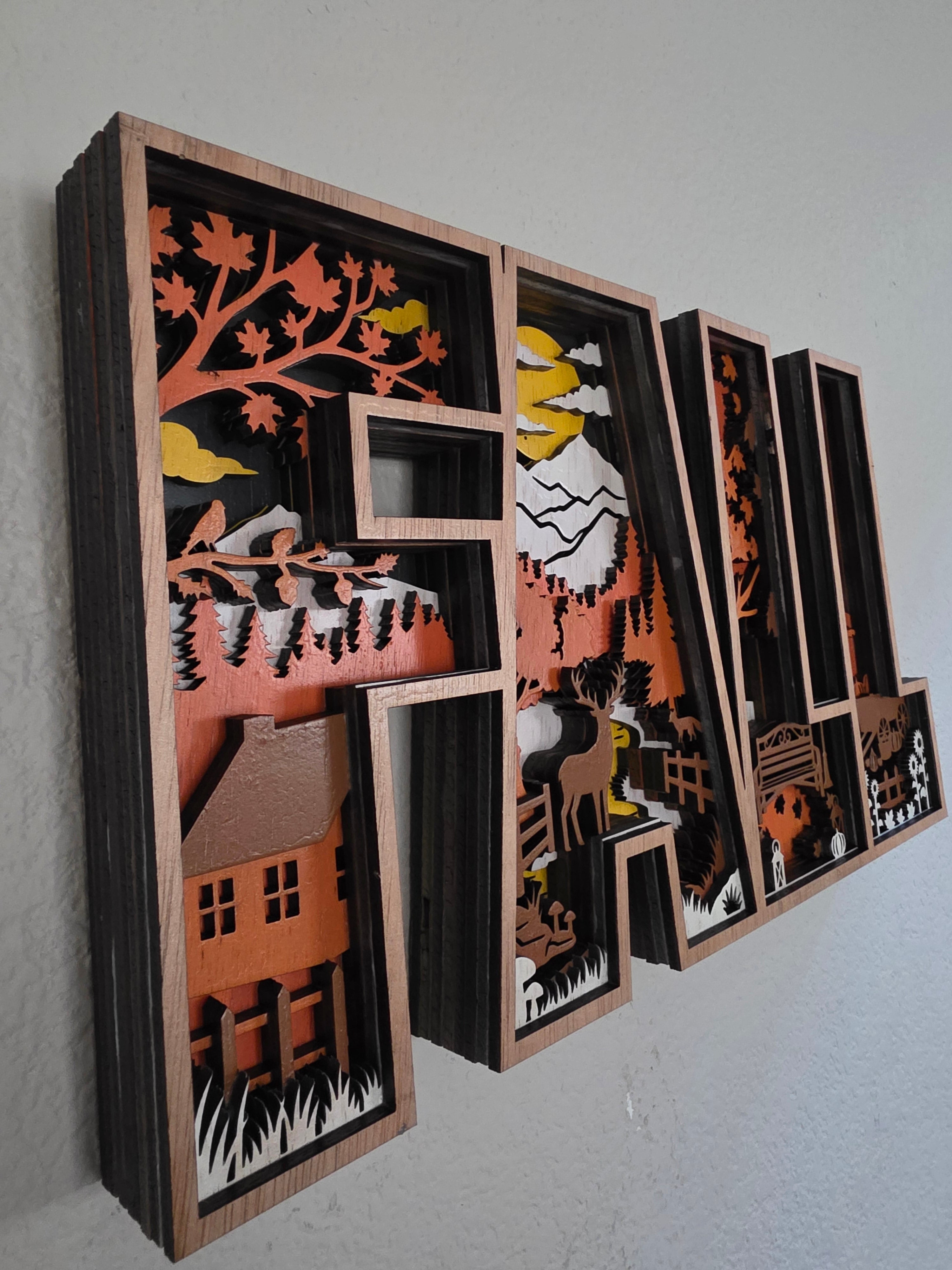 FALL Letters Layered Wood Shadow Box Wall Art – Autumn Scene Décor