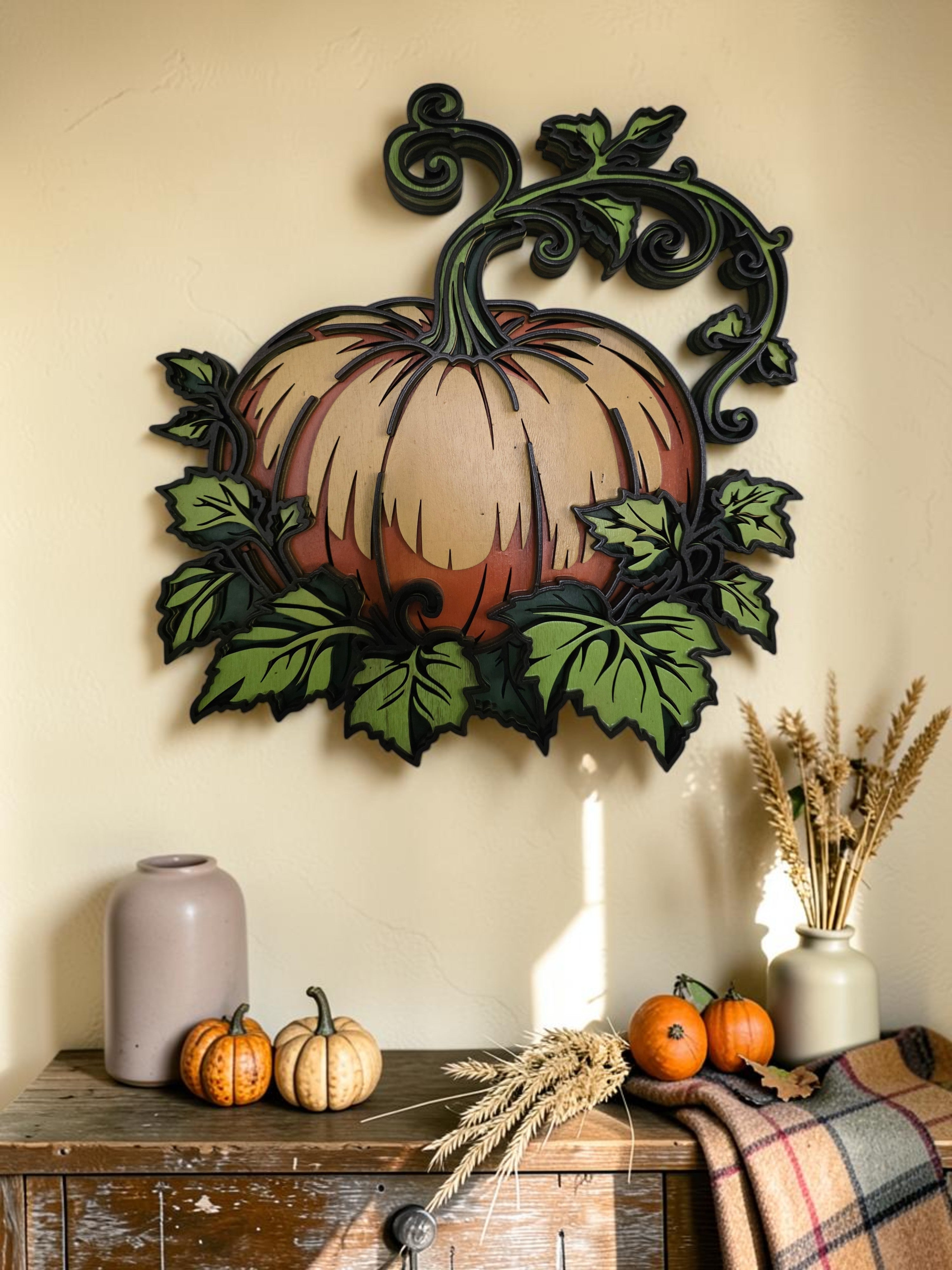 Pumpkin Vine Layered Wood Wall Art – Fall Harvest Décor