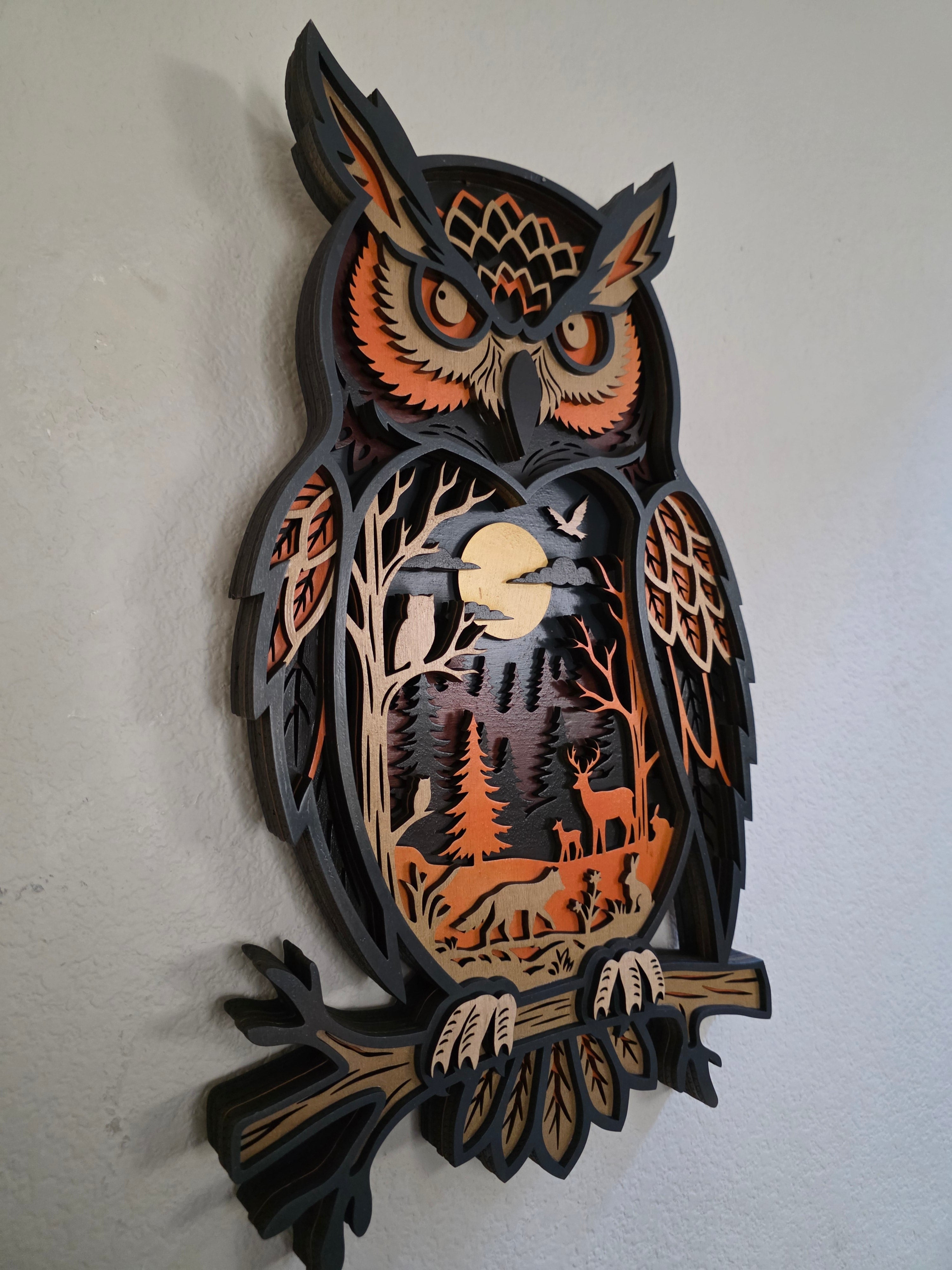 Great Horned Owl Forest Diorama Layered Wood Wall Art – Woodland Décor