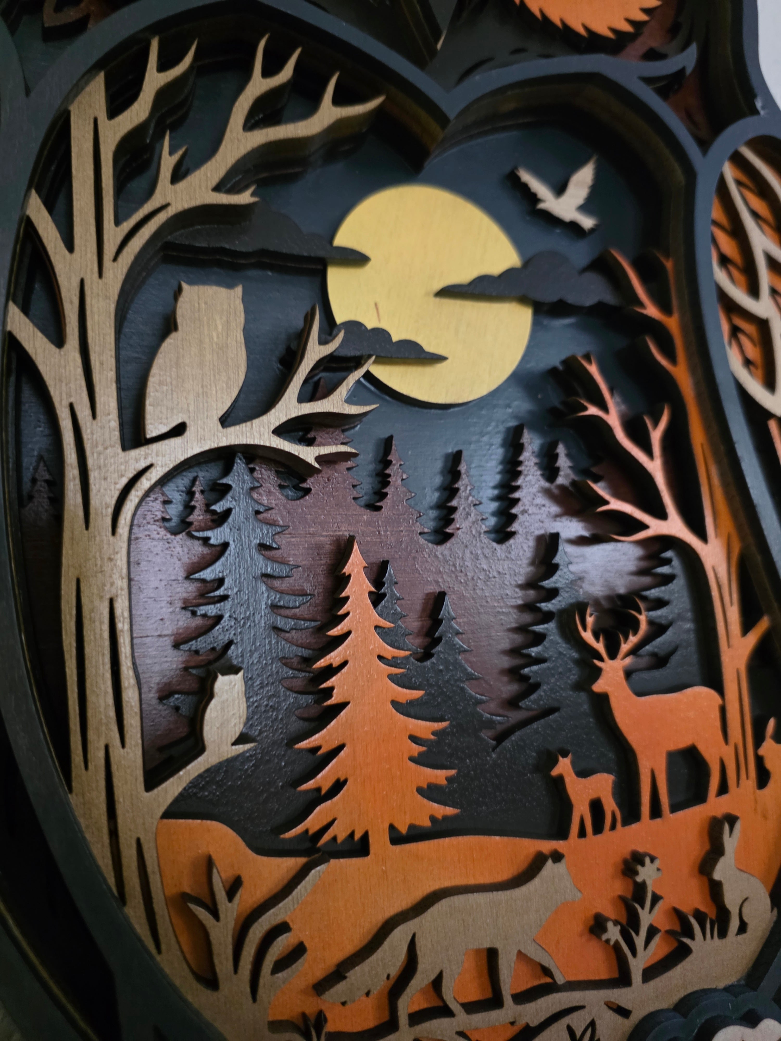 Great Horned Owl Forest Diorama Layered Wood Wall Art – Woodland Décor