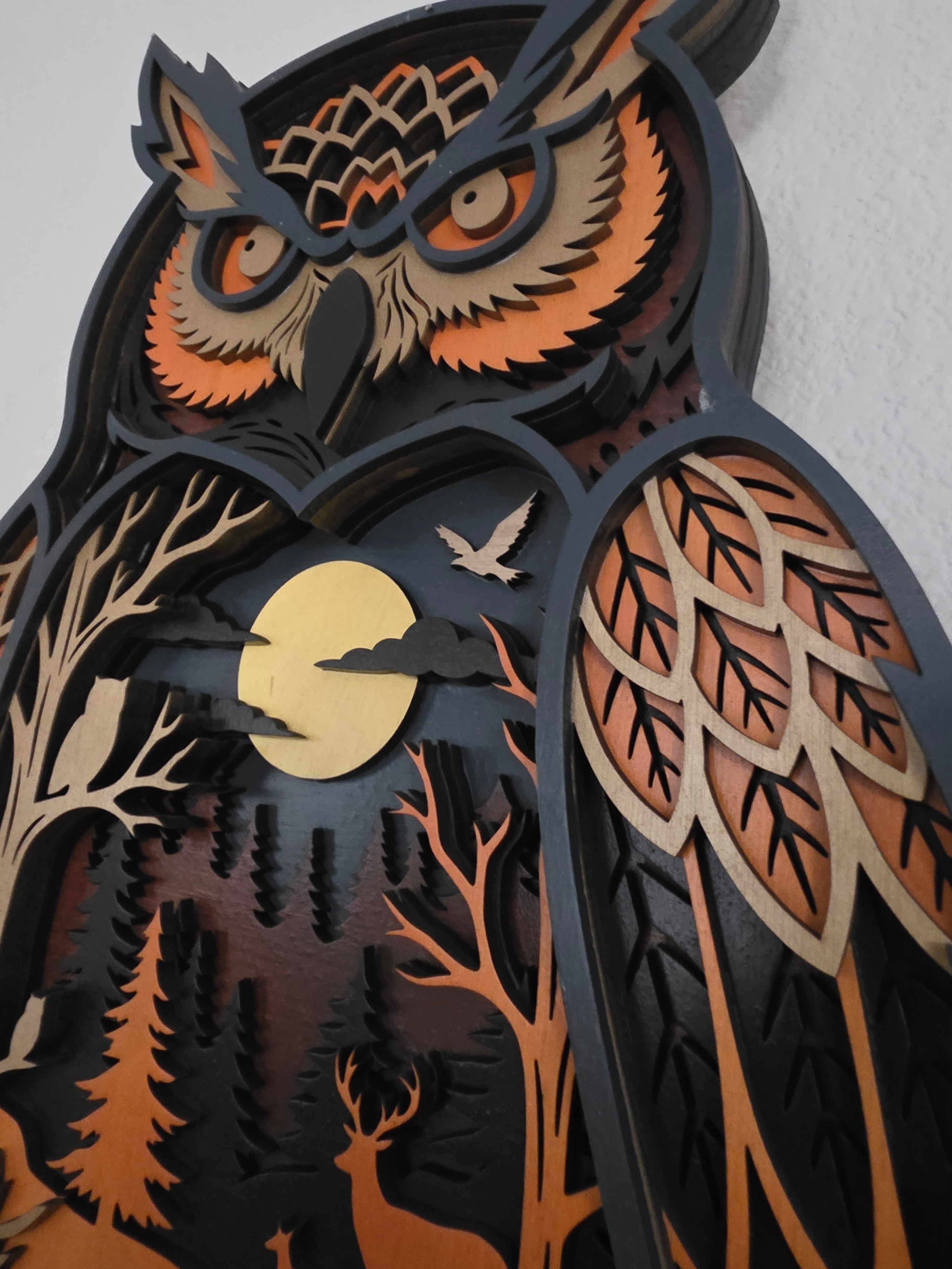 Great Horned Owl Forest Diorama Layered Wood Wall Art – Woodland Décor