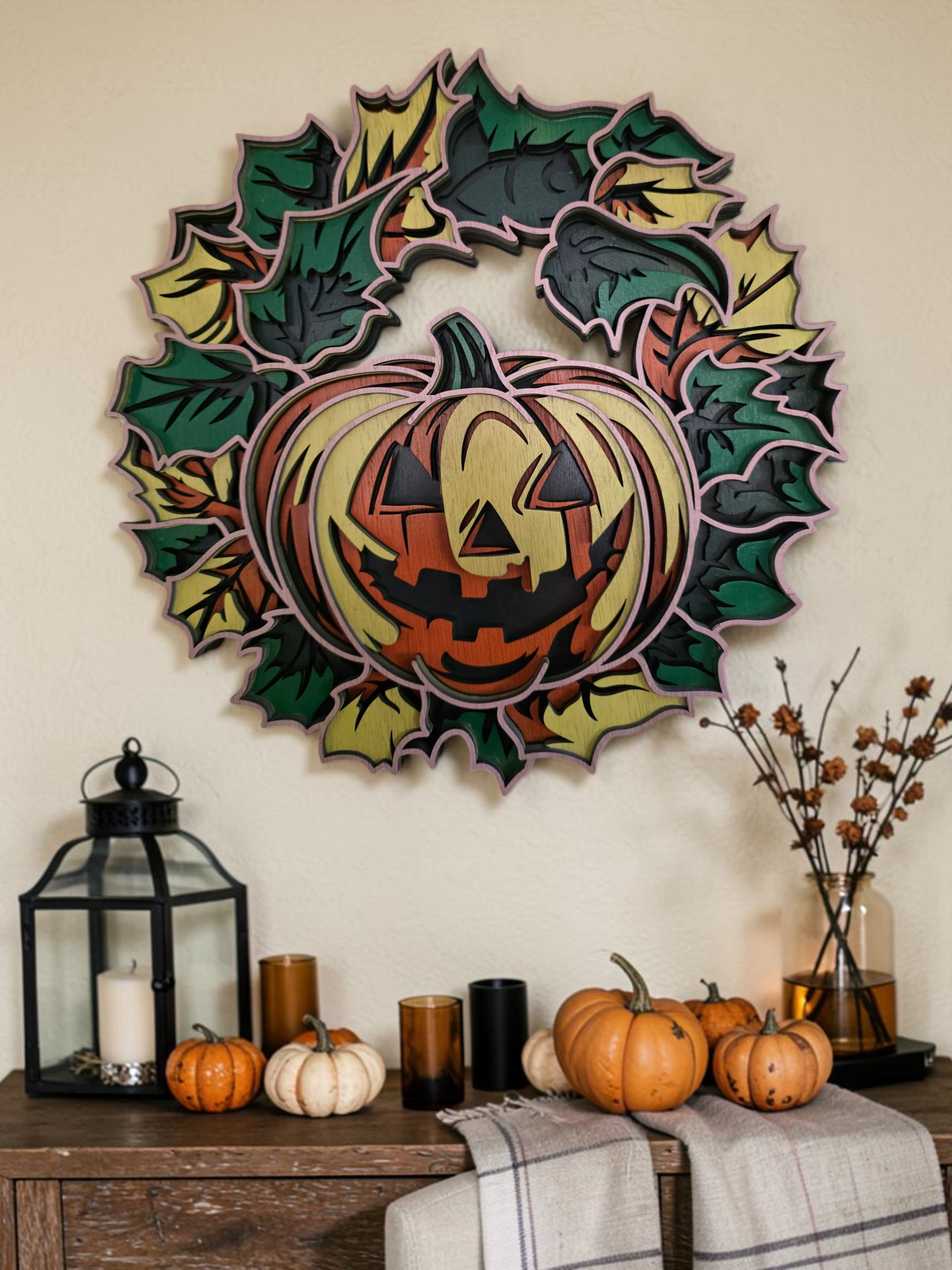 Jack-O'-Lantern Leaf Wreath Layered Wood Wall Art – Halloween Door Décor