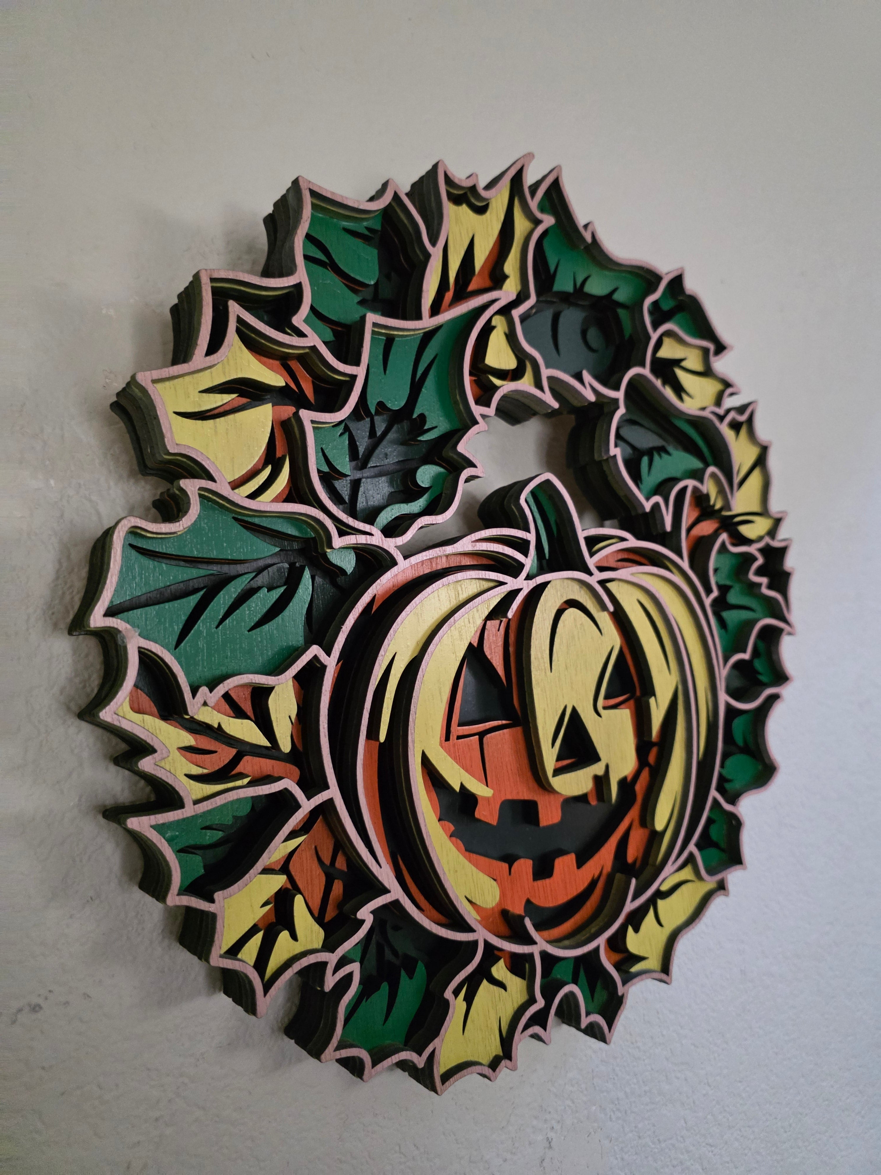 Jack-O'-Lantern Leaf Wreath Layered Wood Wall Art – Halloween Door Décor