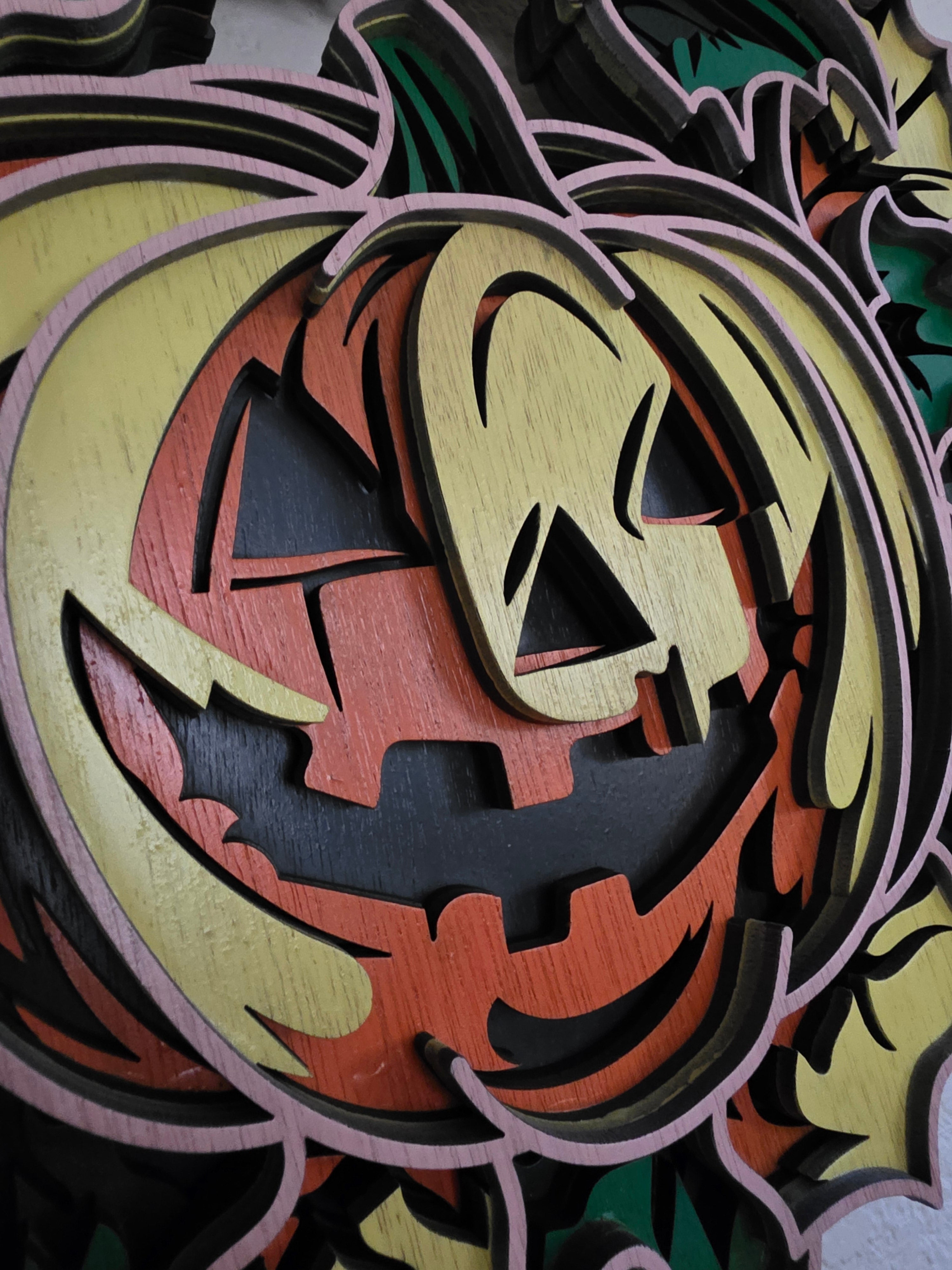 Jack-O'-Lantern Leaf Wreath Layered Wood Wall Art – Halloween Door Décor