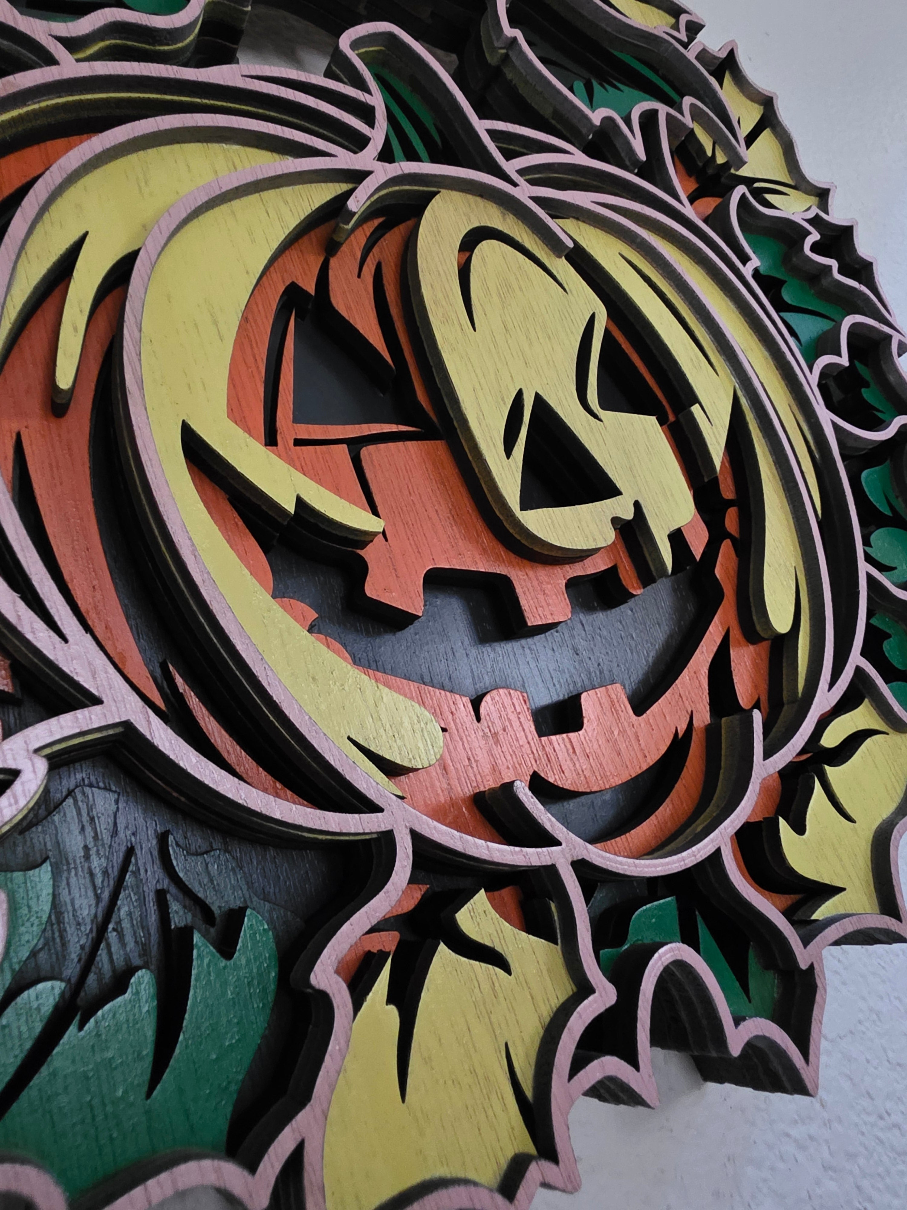 Jack-O'-Lantern Leaf Wreath Layered Wood Wall Art – Halloween Door Décor