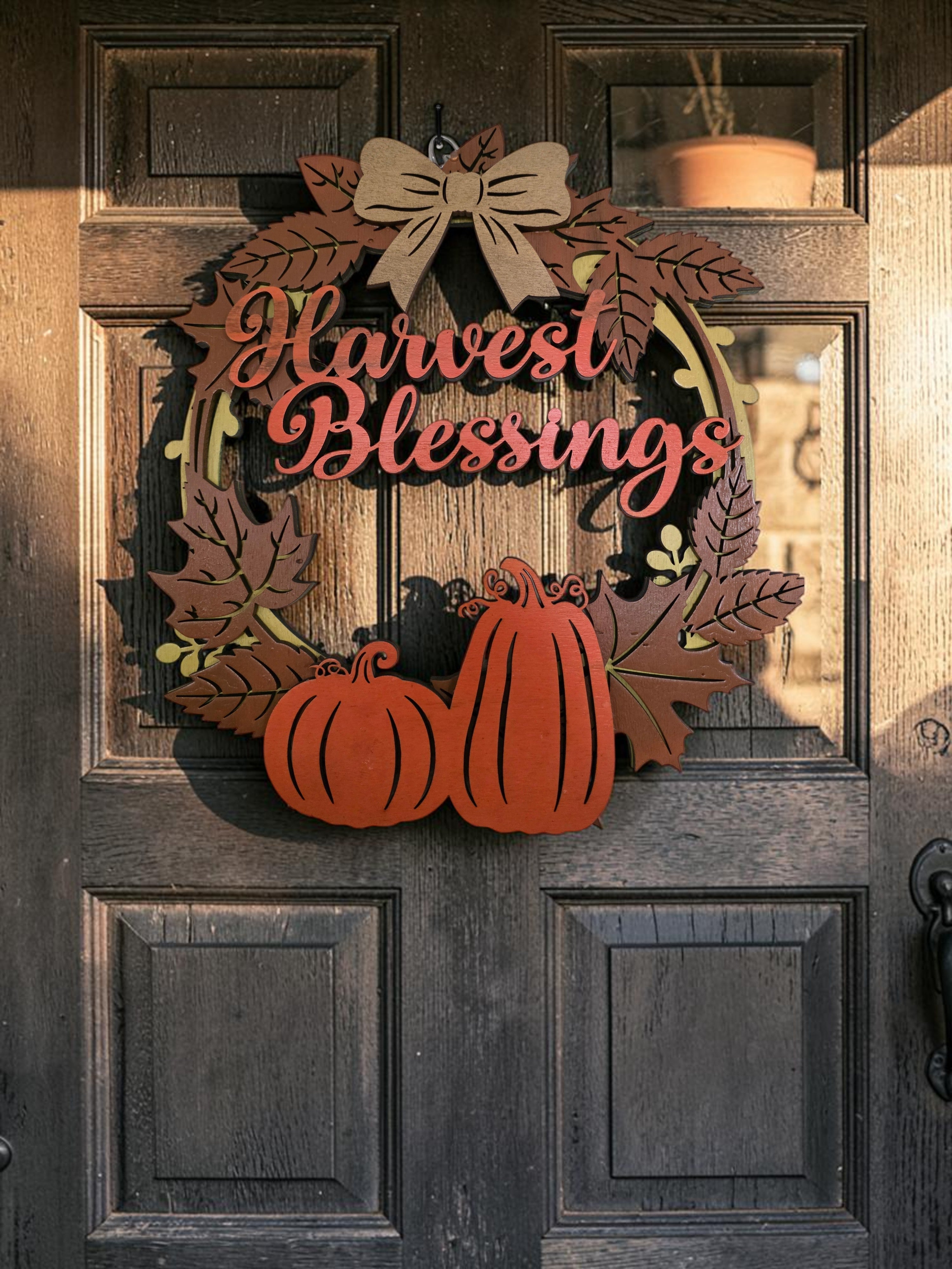 Harvest Blessings Pumpkin Wreath Layered Wood Wall Art – Fall Door Décor