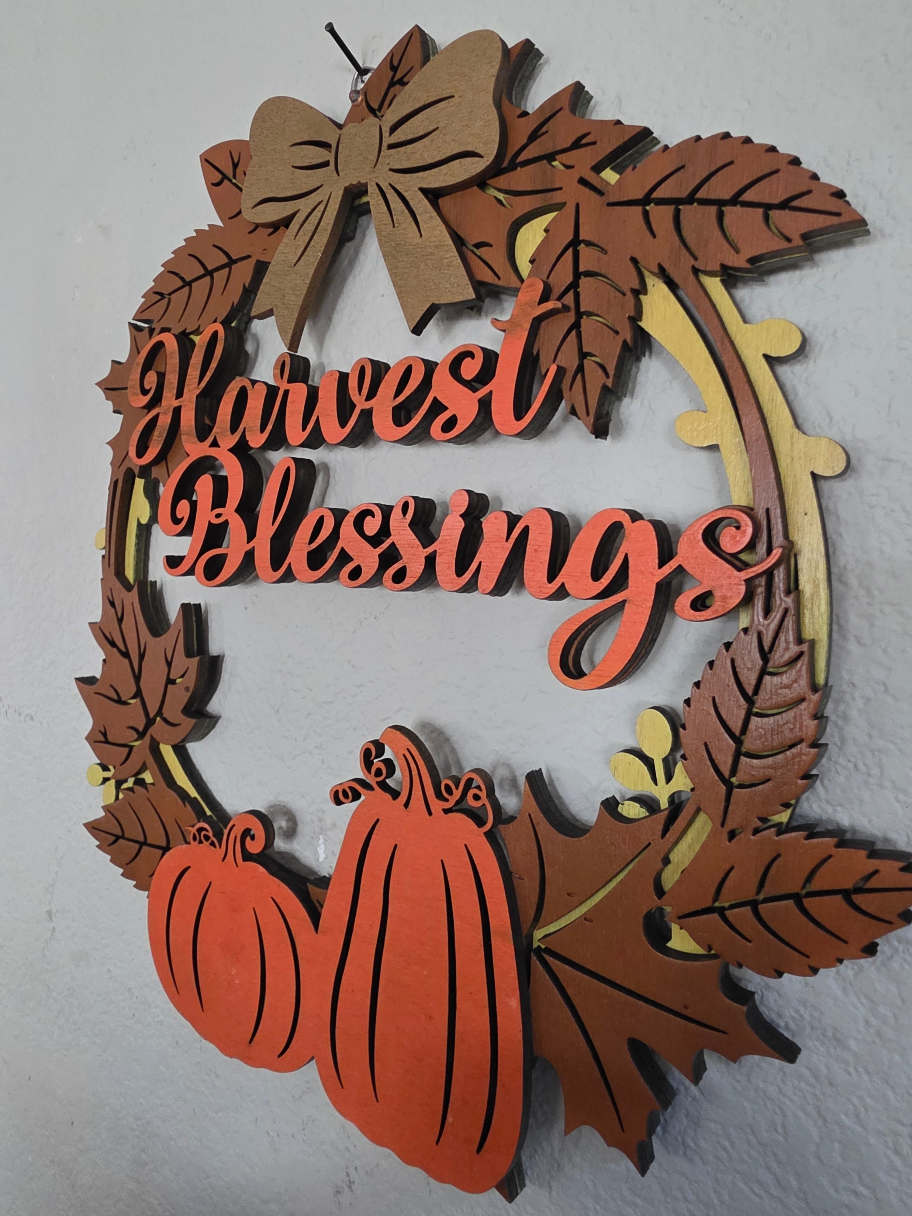 Harvest Blessings Pumpkin Wreath Layered Wood Wall Art – Fall Door Décor