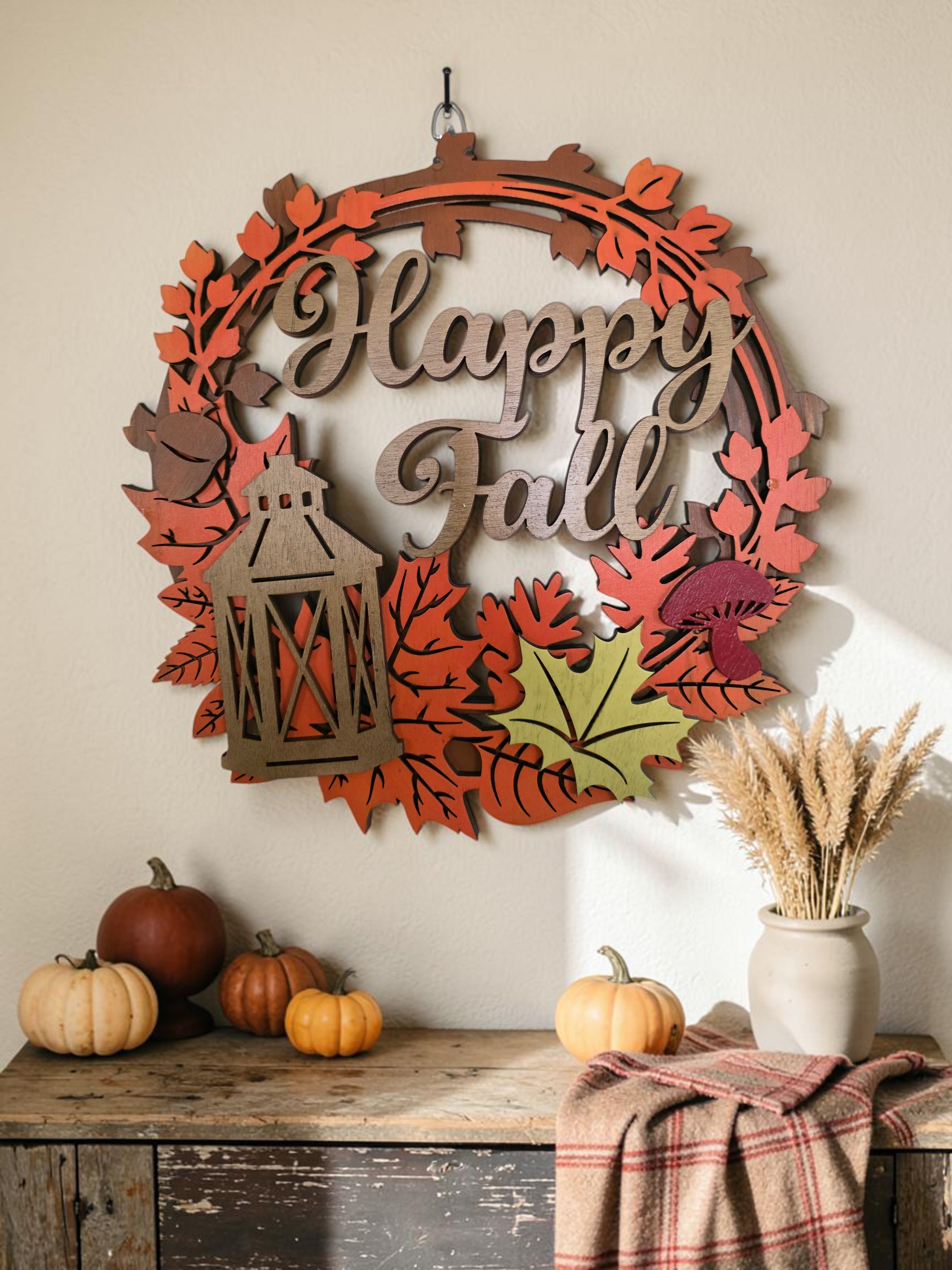 Happy Fall Lantern Wreath Layered Wood Wall Art – Autumn Door Décor