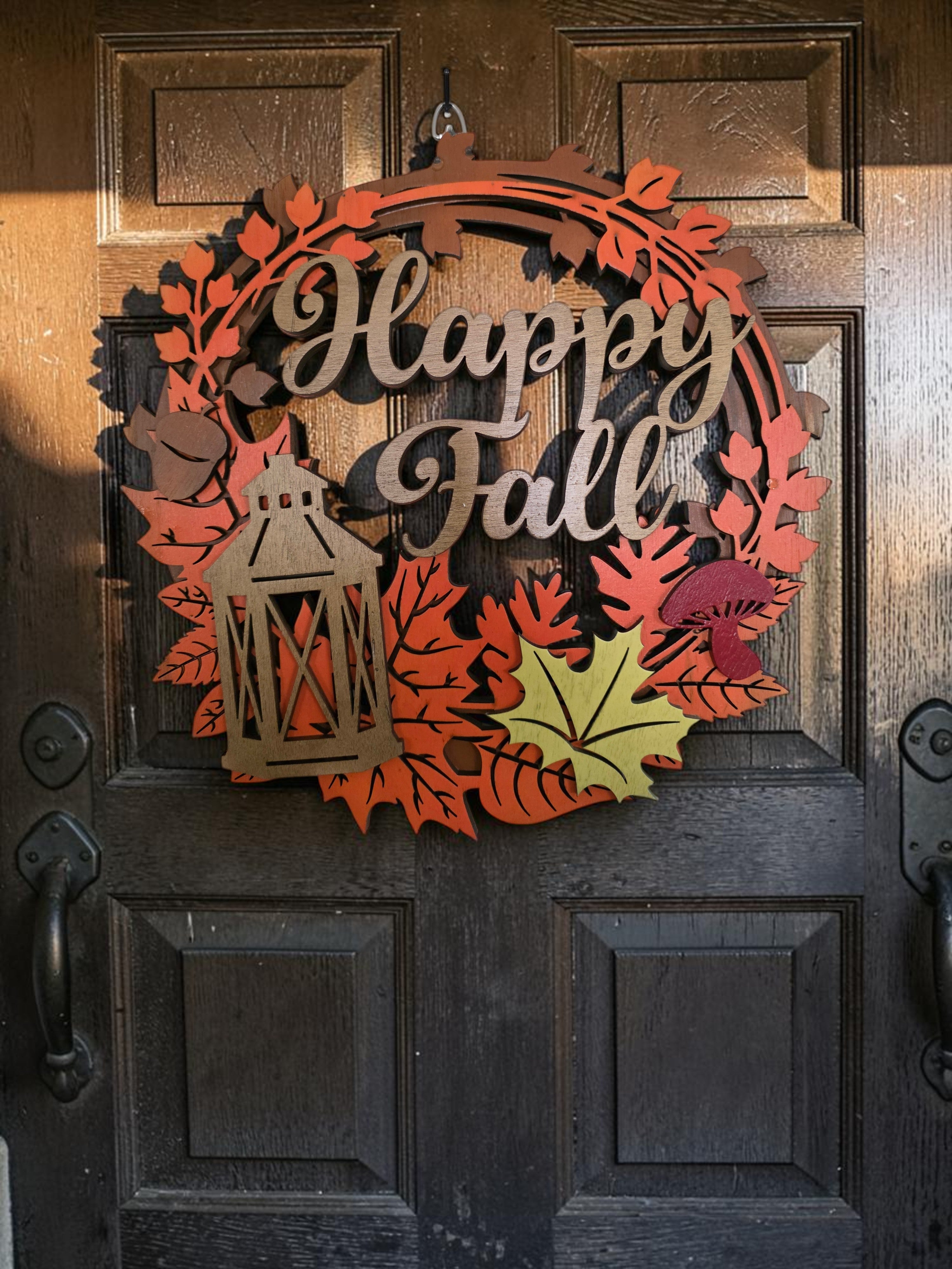 Happy Fall Lantern Wreath Layered Wood Wall Art – Autumn Door Décor