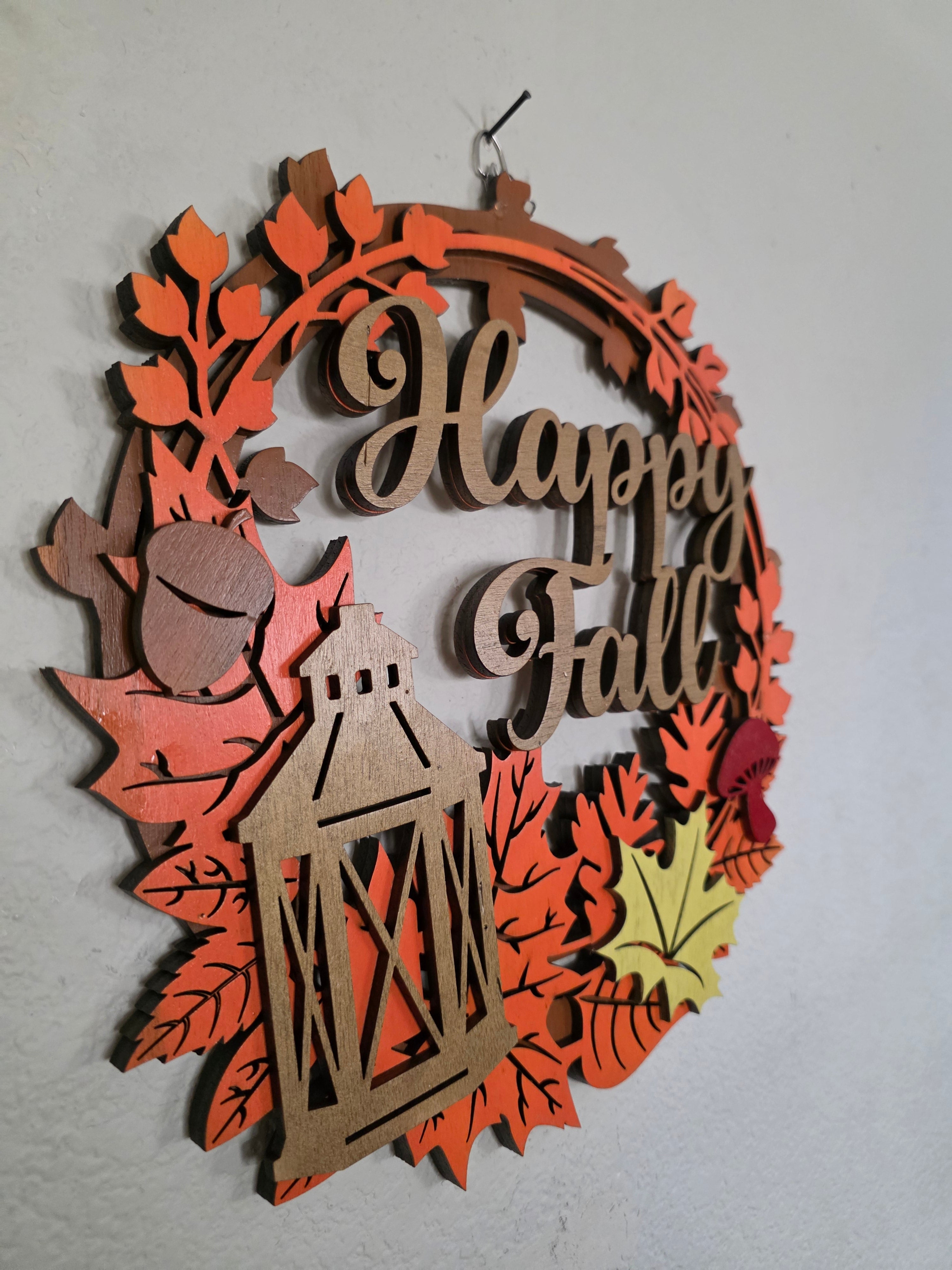 Happy Fall Lantern Wreath Layered Wood Wall Art – Autumn Door Décor