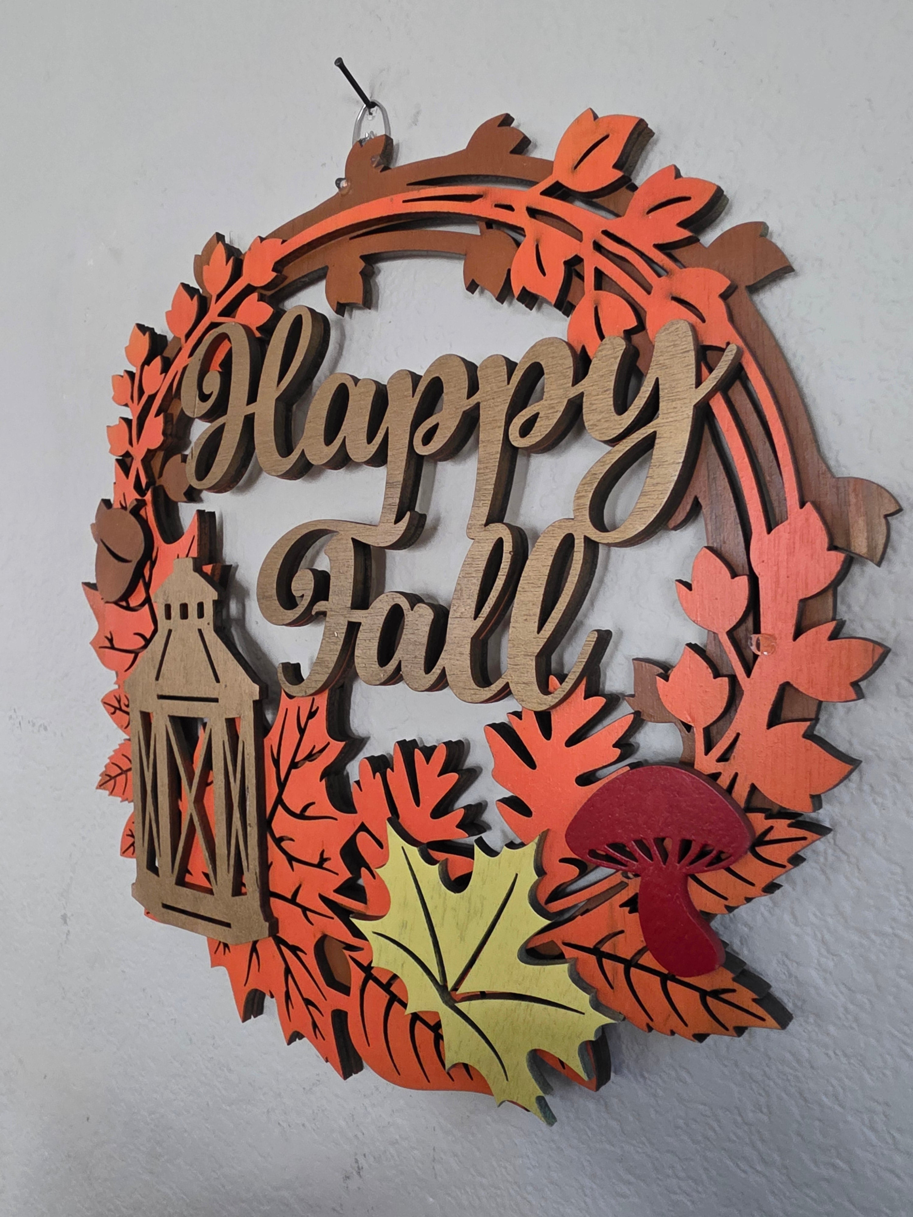 Happy Fall Lantern Wreath Layered Wood Wall Art – Autumn Door Décor