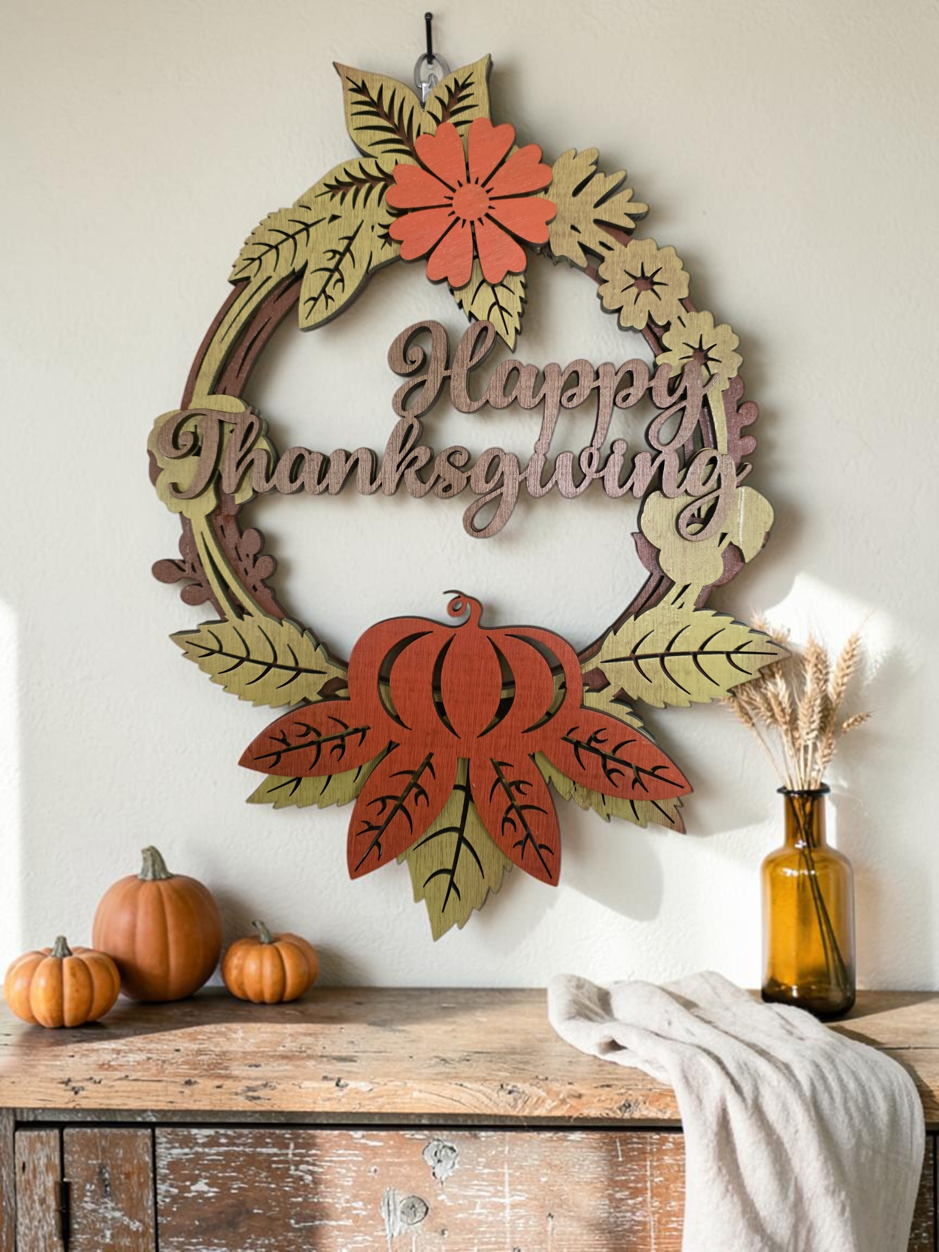 Happy Thanksgiving Floral Wreath Layered Wood Wall Art – Fall Door Décor