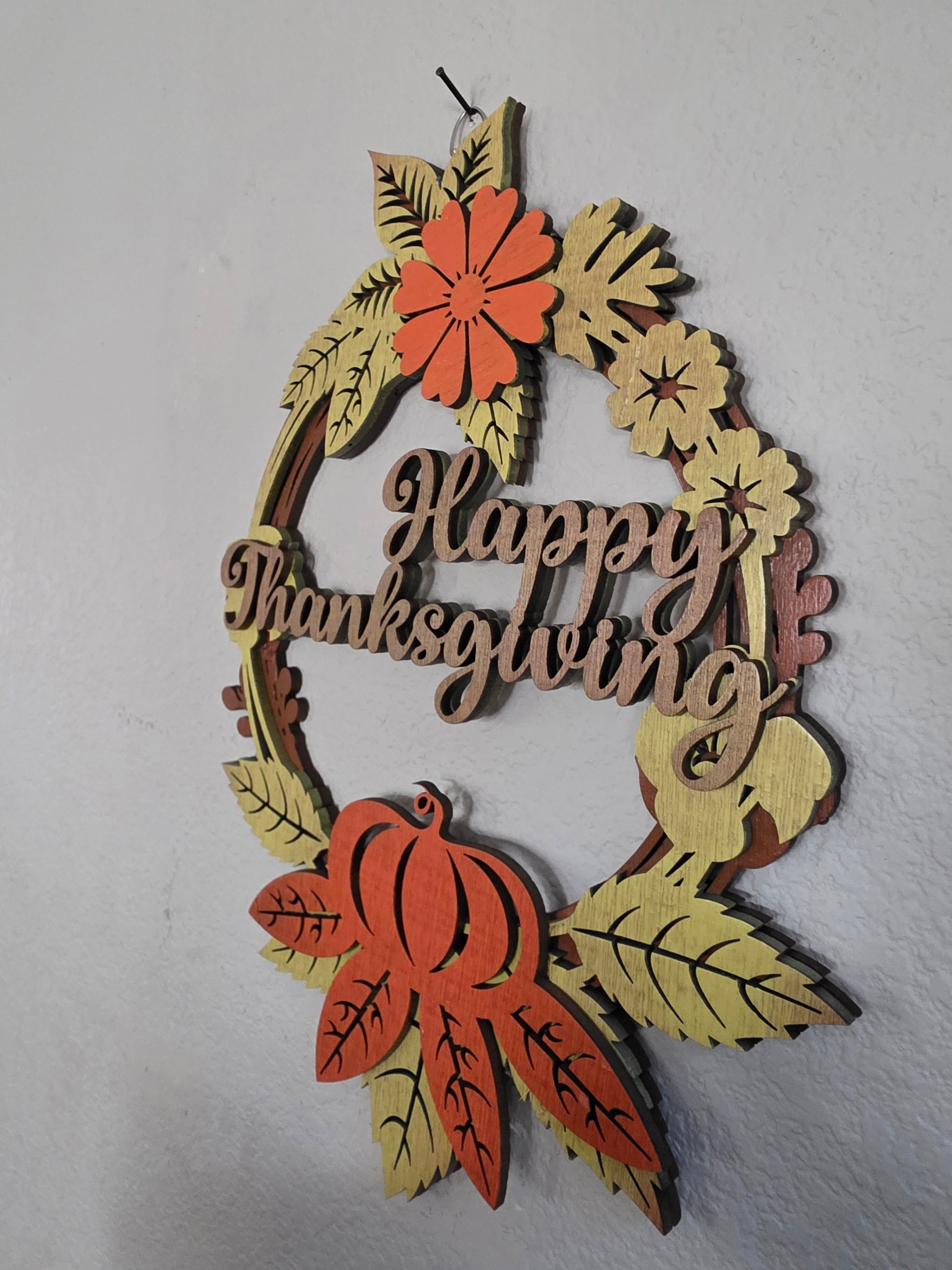 Happy Thanksgiving Floral Wreath Layered Wood Wall Art – Fall Door Décor