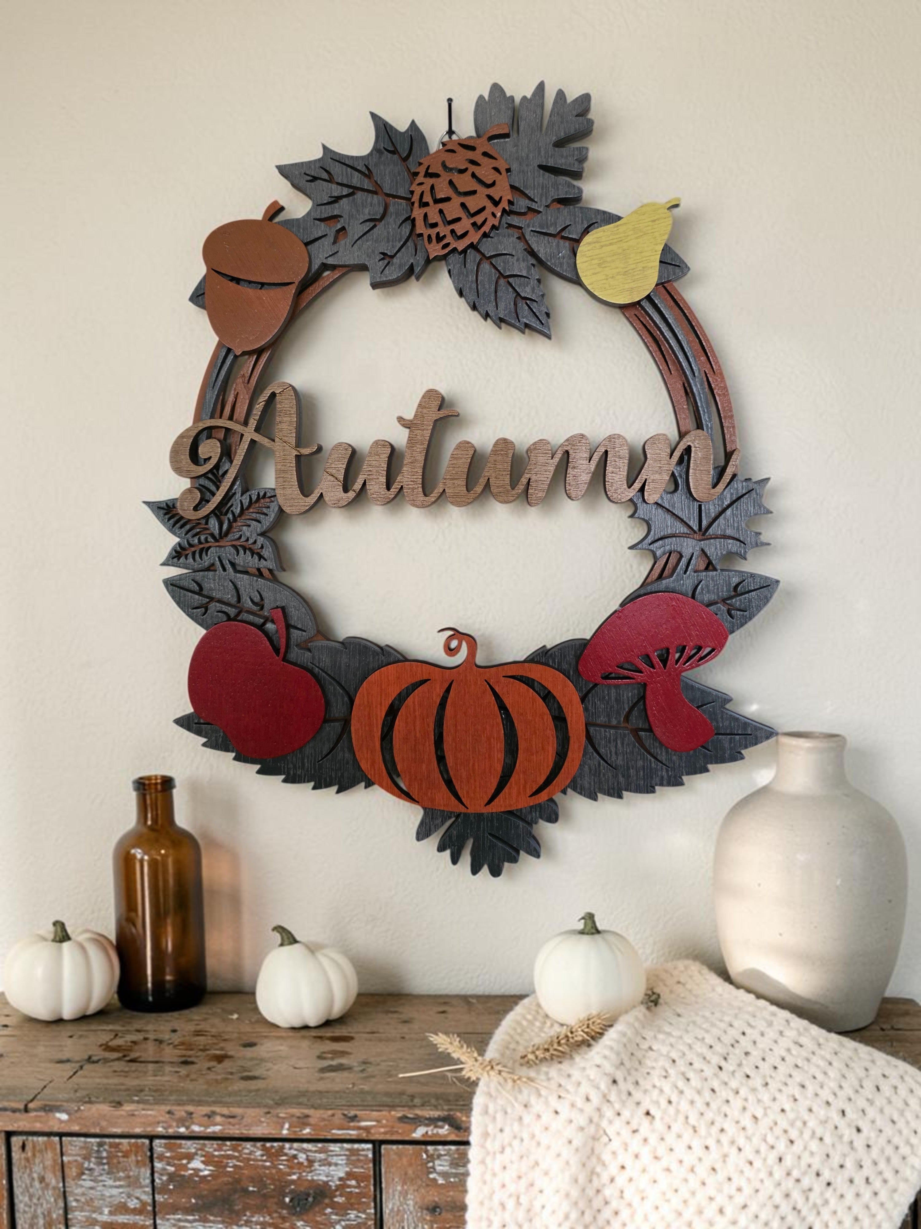 Autumn Harvest Wreath Layered Wood Wall Art – Fall Door Décor