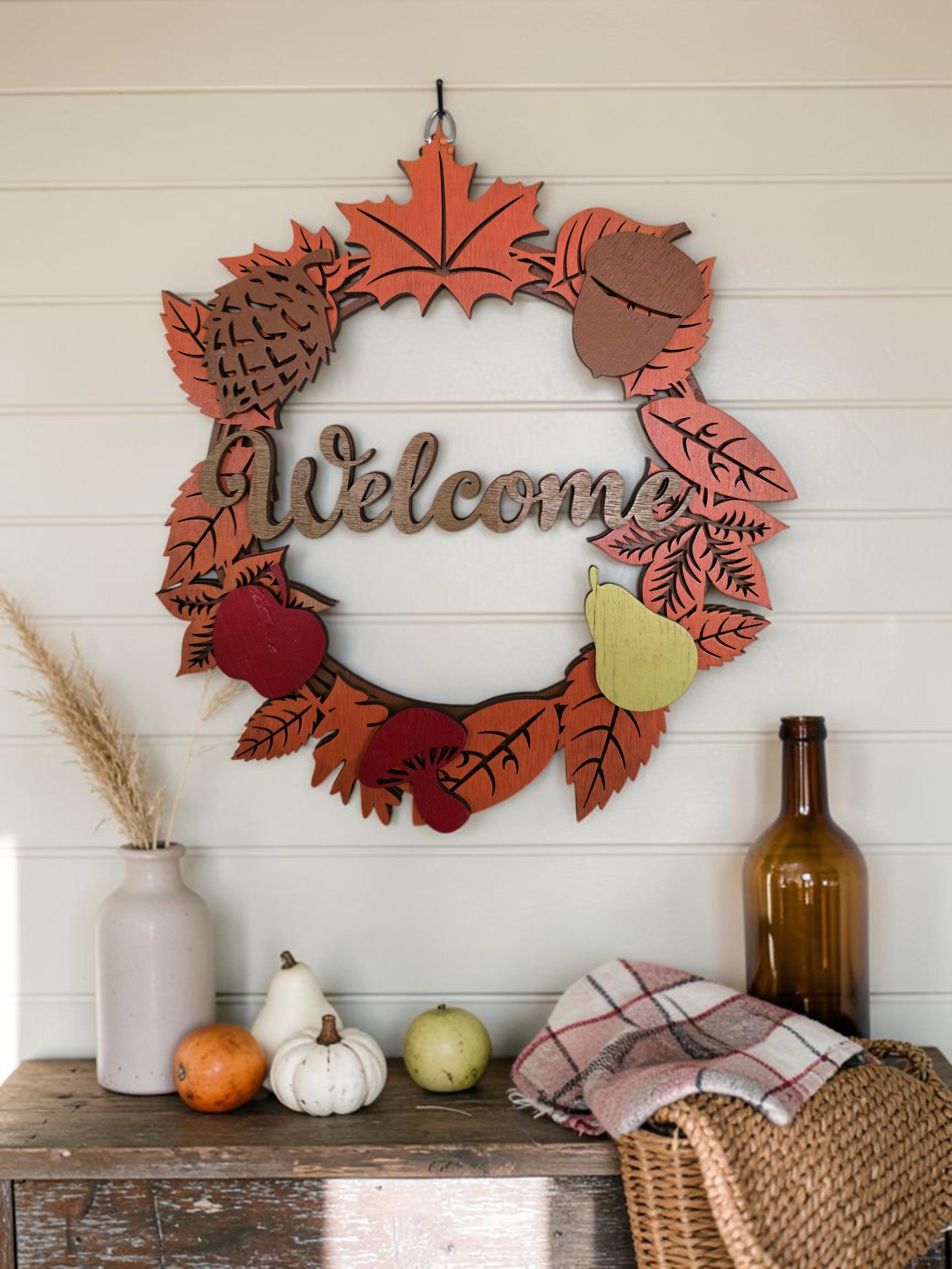 Welcome Fall Foliage Wreath Layered Wood Wall Art – Autumn Door Décor