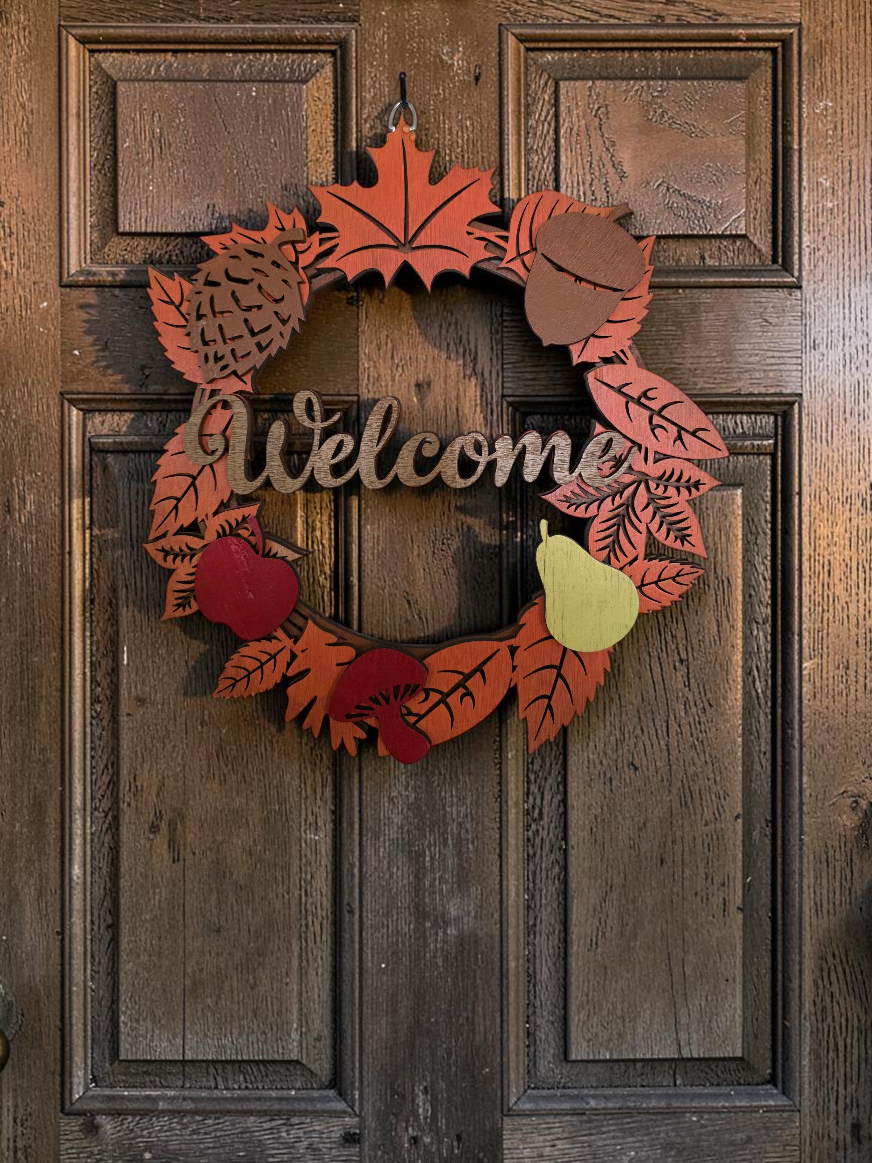 Welcome Fall Foliage Wreath Layered Wood Wall Art – Autumn Door Décor