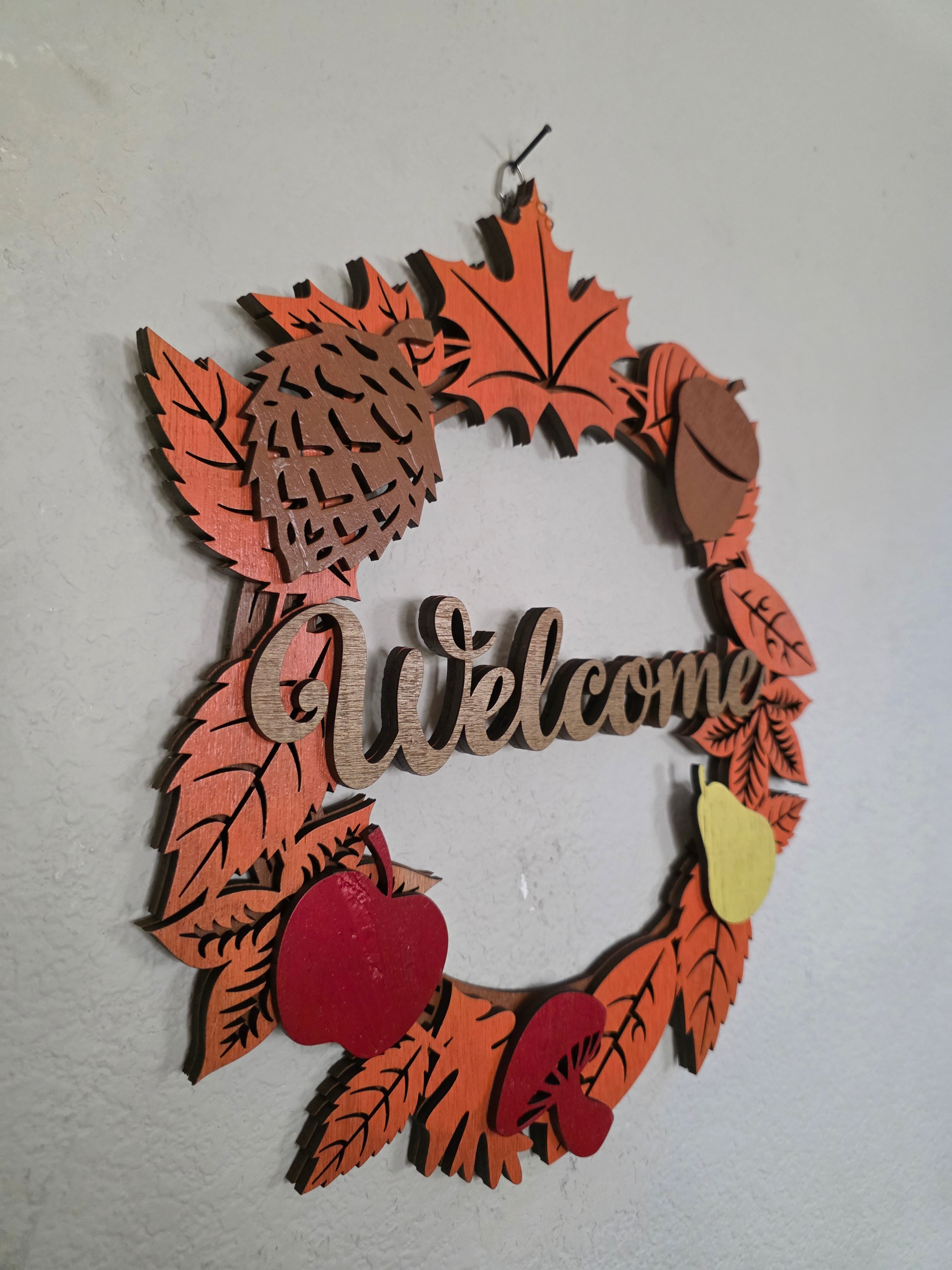 Welcome Fall Foliage Wreath Layered Wood Wall Art – Autumn Door Décor