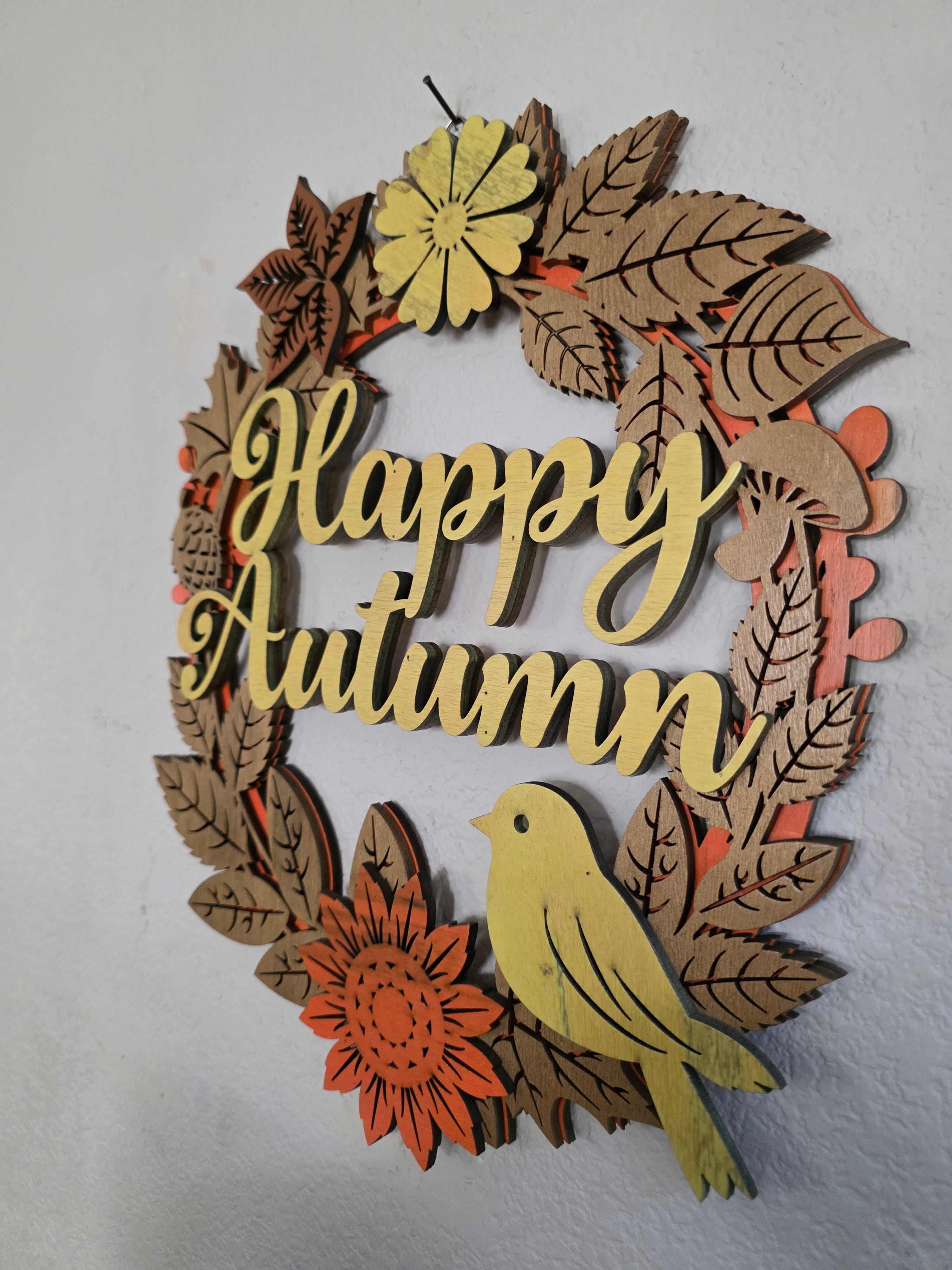 Happy Autumn Songbird Wreath Layered Wood Wall Art – Fall Door Décor