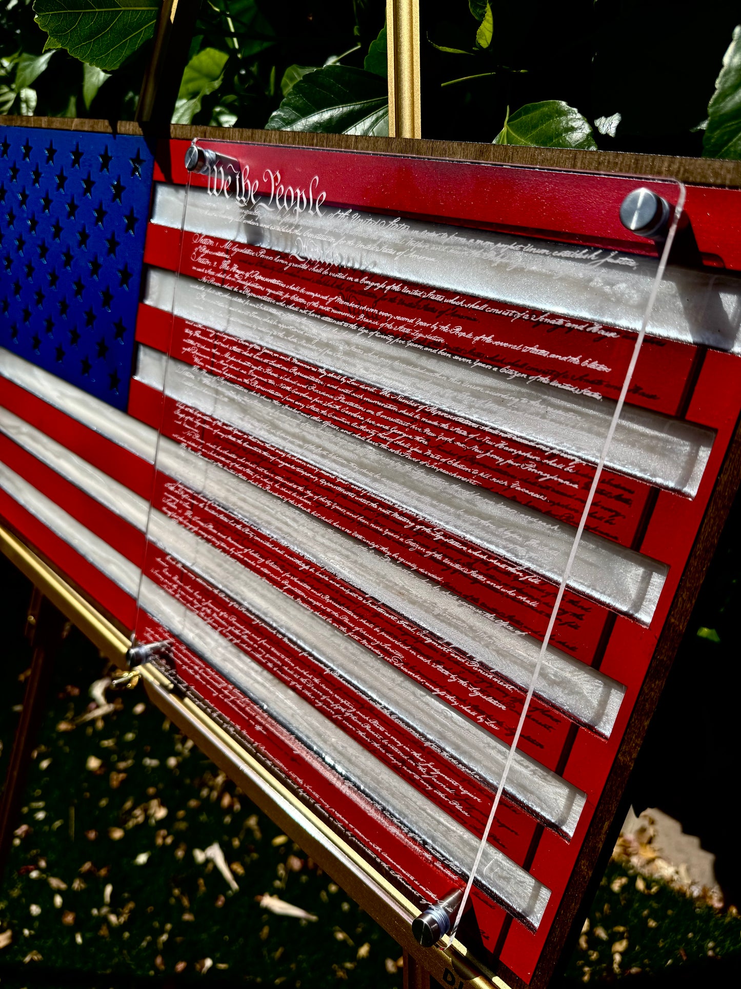 24" Patriotic Birch USA Wall Art with Epoxy Resin Inlay & Constitution Preamble on Acrylic