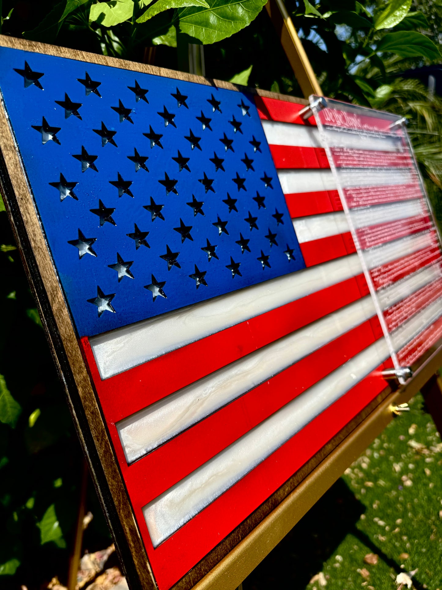 24" Patriotic Birch USA Wall Art with Epoxy Resin Inlay & Constitution Preamble on Acrylic