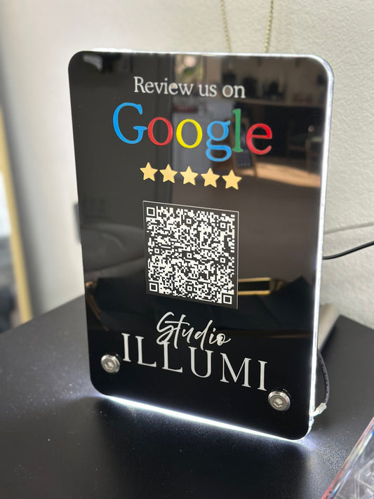 Laser-Cut 8″ × 11″ Cast Acrylic “Google Reviews” Sign with Brushed Stainless Steel Legs & Edge-Lighting (USB-A Powered) — Custom Logo & QR Code