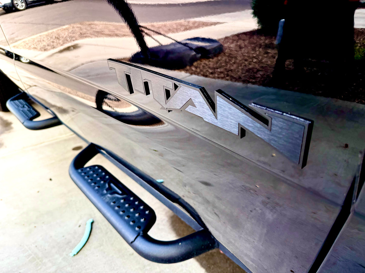 Custom Nissan Titan Emblems – 1/8″ Cast Acrylic with Black Edge & Brushed Black Inlay